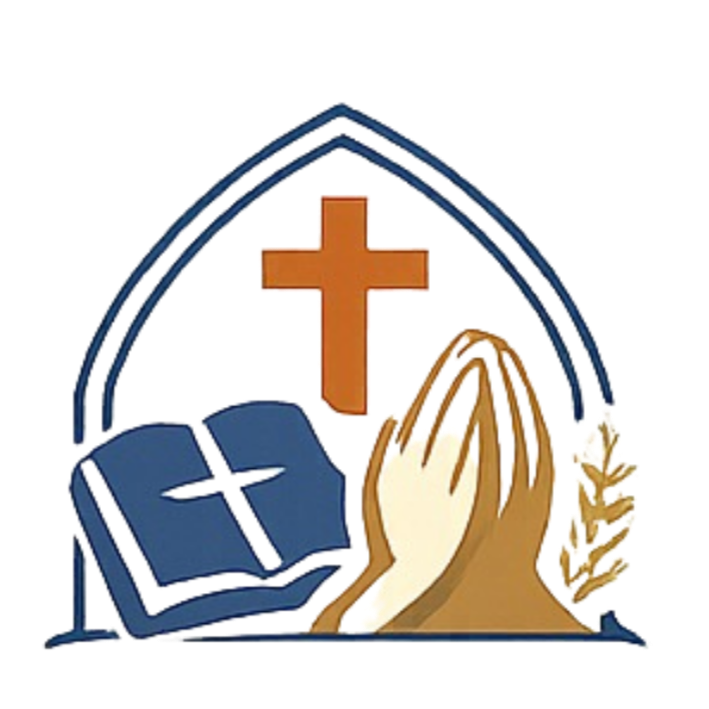 Illustration of praying hands in front of an open Bible, a cross, and a leafy branch, within an outline of a church window.