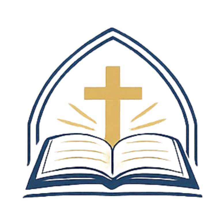 A religious symbol featuring an open book, a gold cross above it, and two arching lines resembling a church window.