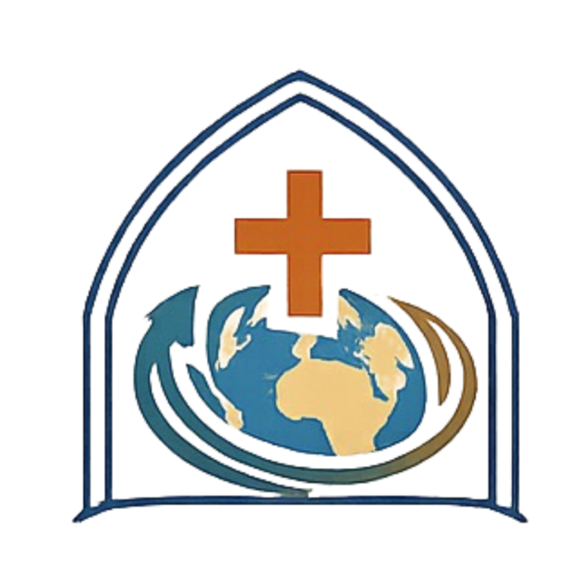 Religious emblem featuring a cross, a globe, and a shield in a stained glass style.