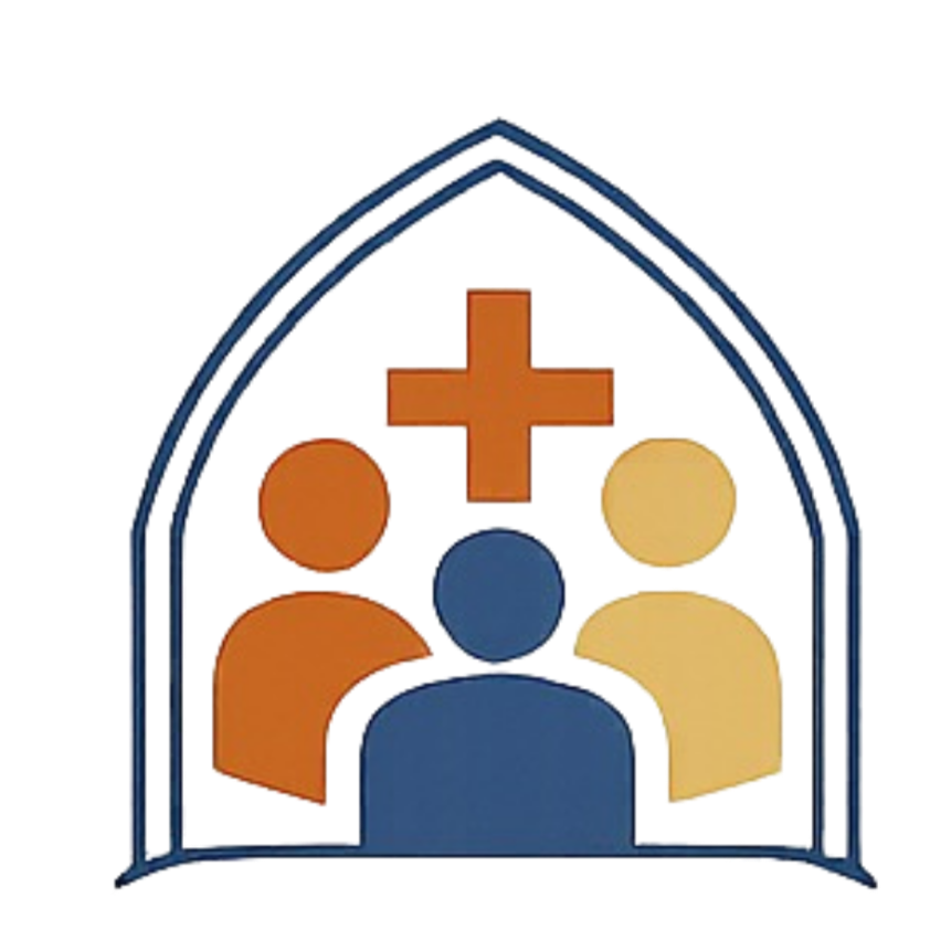 Icon of three people with a plus sign above them, inside a house-shaped outline.