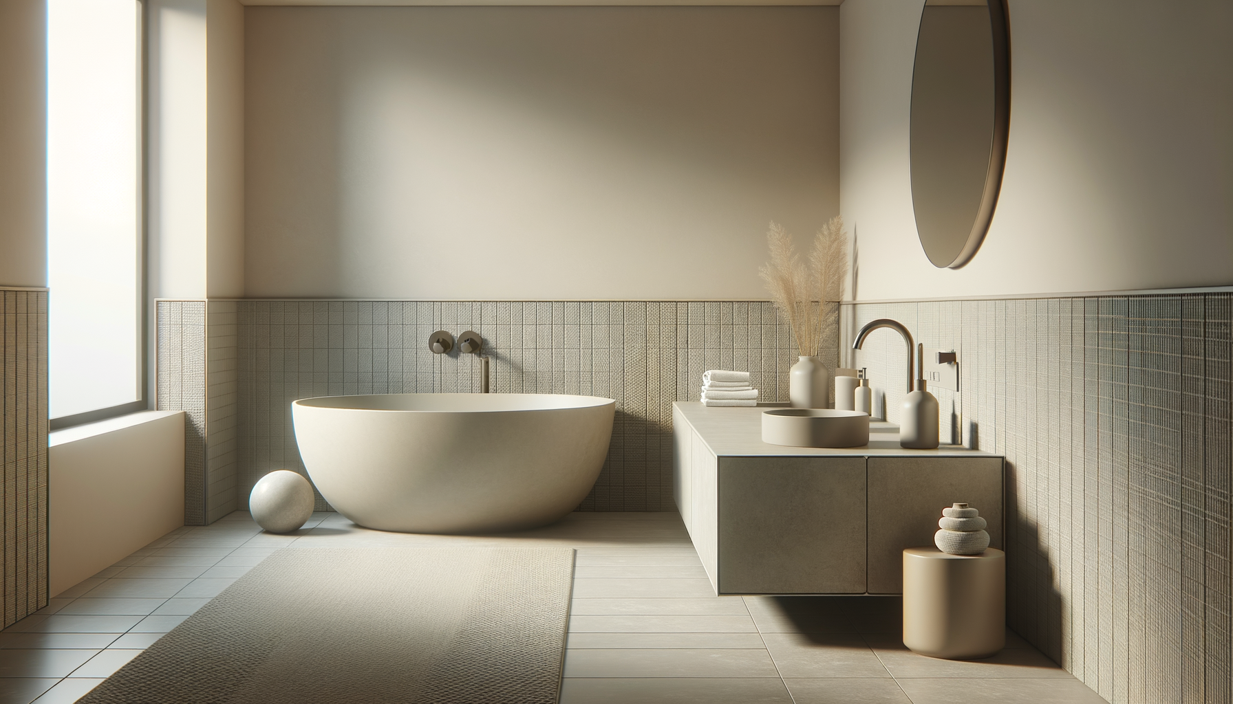 Modern bathroom with a freestanding bathtub by a window, minimalist sink with a large round mirror, neutral tones, decorative vases, and towels.