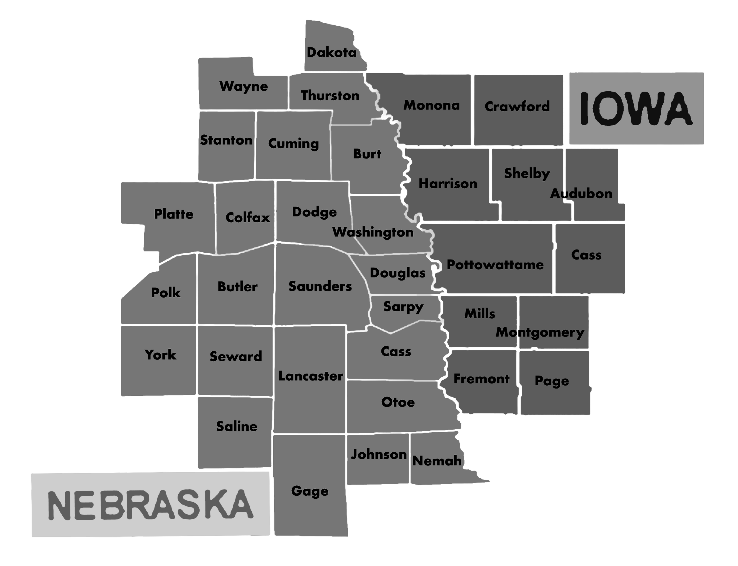 Black and white graphic of the eastern Nebraska and western Iowa state counties