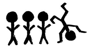 Three stick figures standing in a row next to a fallen stick figure