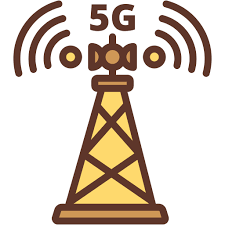 Illustration of a communication tower with 5G signals radiating outward.