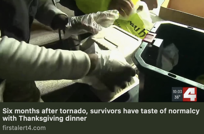 Six months after tornado, survivors have taste of normalcy with Thanksgiving dinner