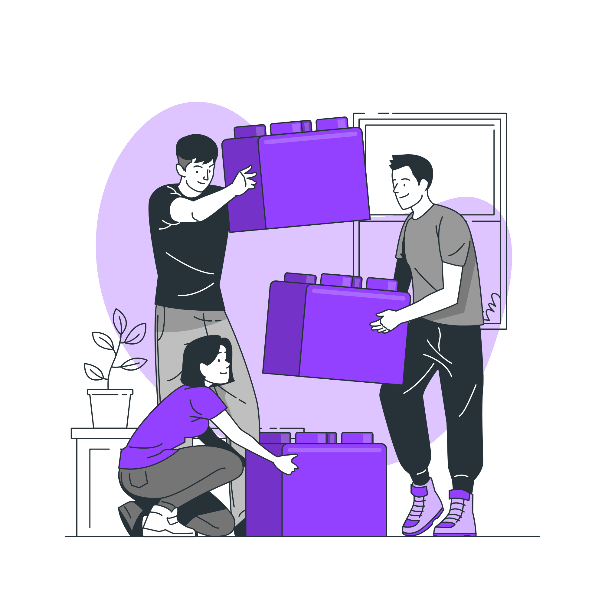 Three people assembling purple storage shelves in a room with a potted plant on a small table.