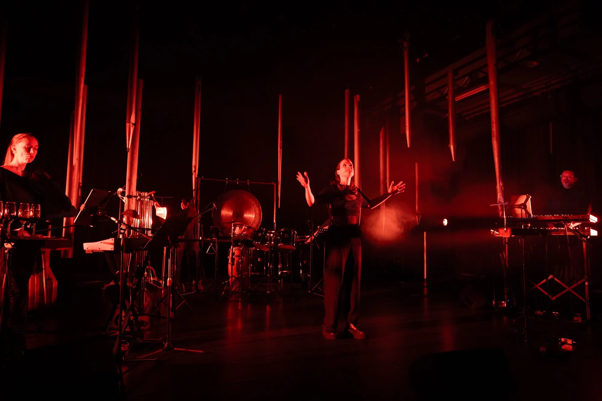 A musical performance on stage with musicians and a vocalist under red lighting, with various instruments and vertical poles in the background.