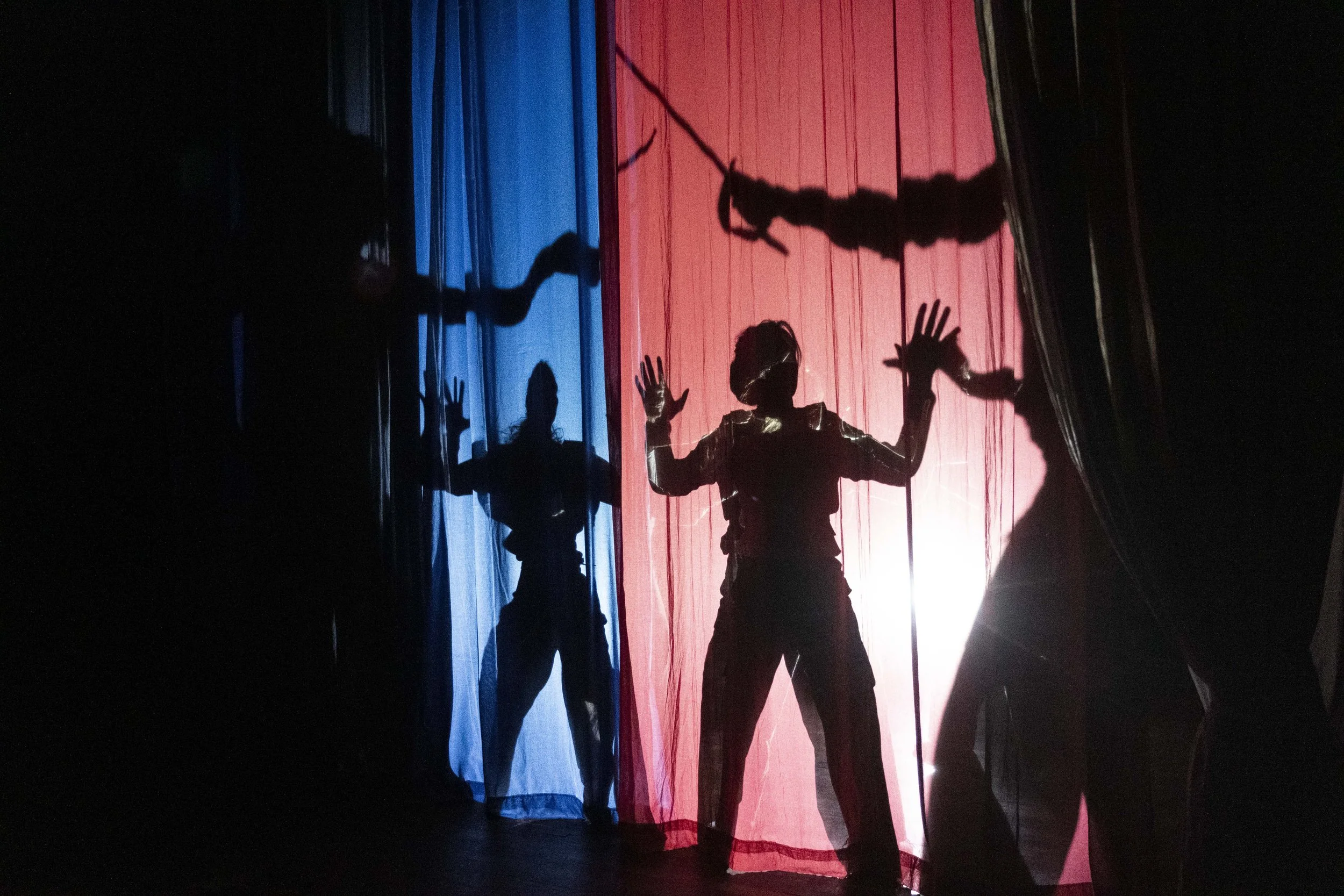 Silhouettes of circus performers behind blue and red curtains, with one performer in front reaching out towards the audience.