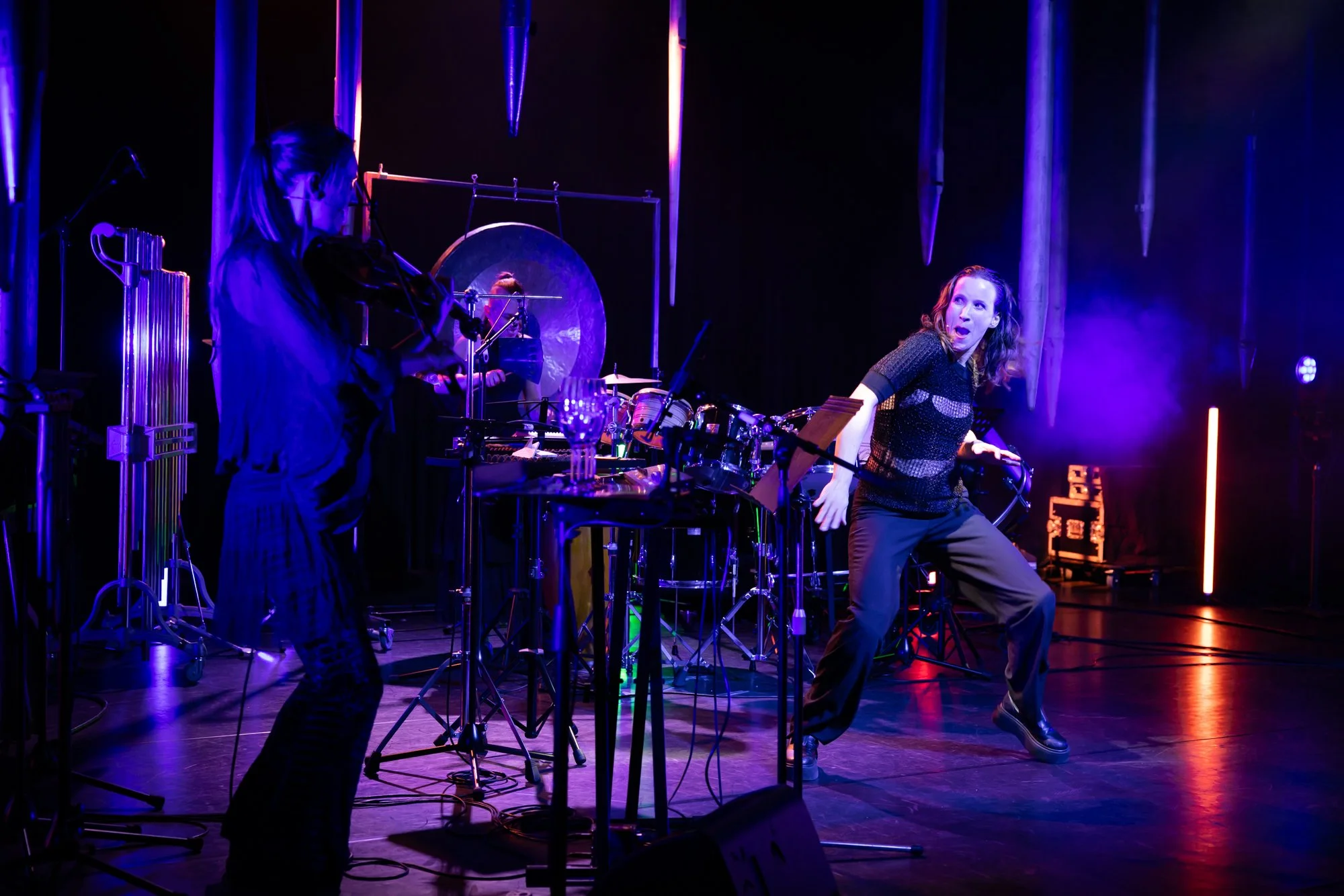 Two musicians performing on stage with various instruments, including a violin and percussion instruments, under purple and blue stage lighting.