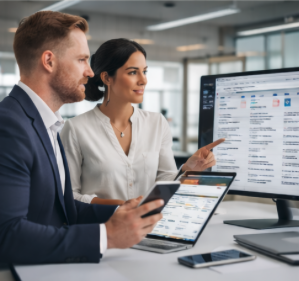 Two professionals in an office, a man and a woman, working with a computer monitor displaying a calendar or email interface. The man is holding a smartphone, and the woman is pointing at the screen.