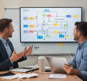 Two men in business attire are having a discussion in front of a large monitor displaying a flowchart or diagram, in a conference room with a wooden table, notebooks, and takeaway coffee cups.