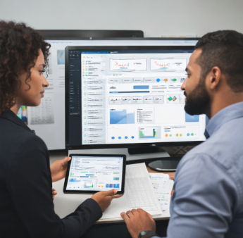 Two professionals working on data analysis using a large monitor and a tablet in an office setting.