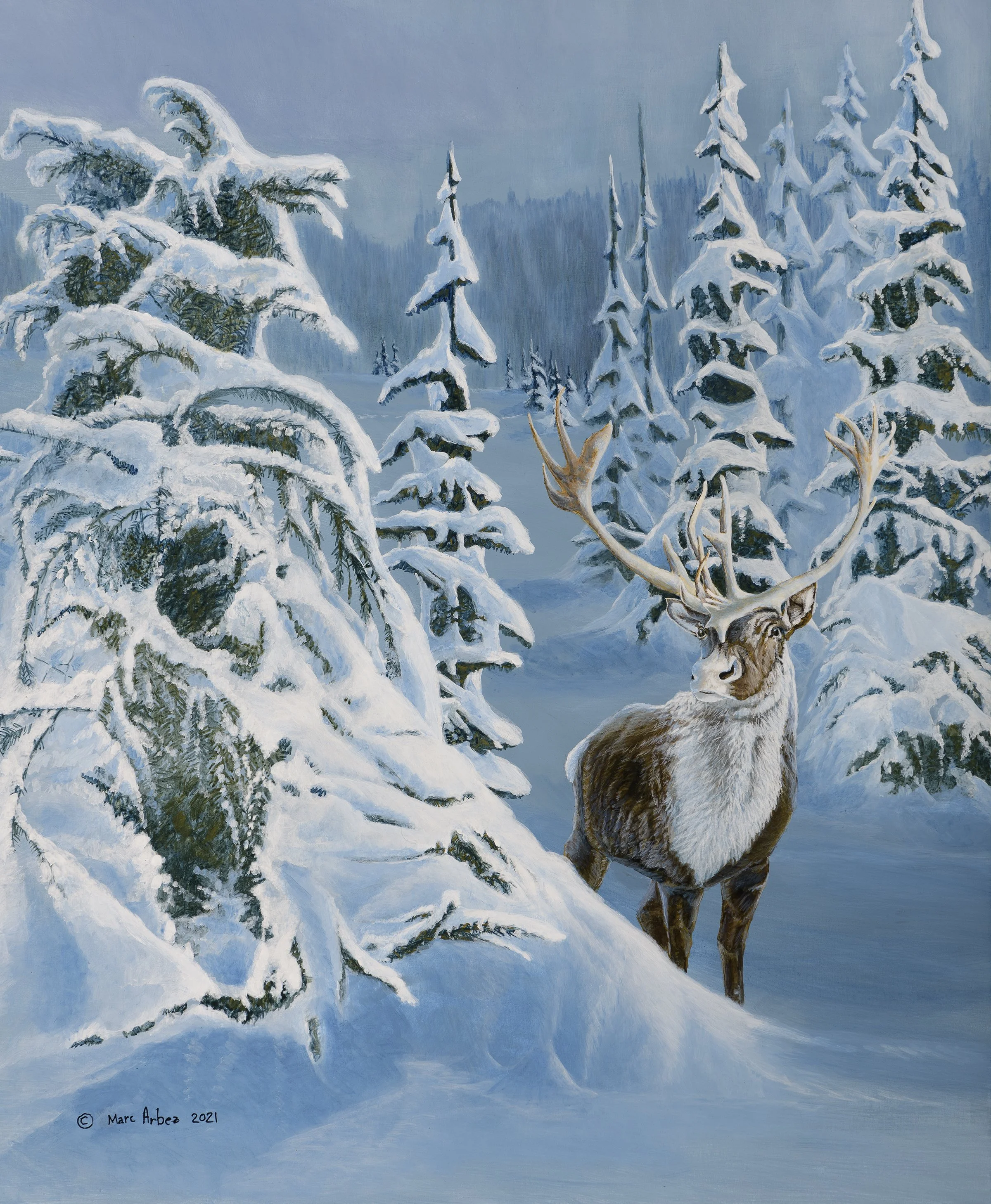 Painting of an elk standing in a snow-covered conifer forest