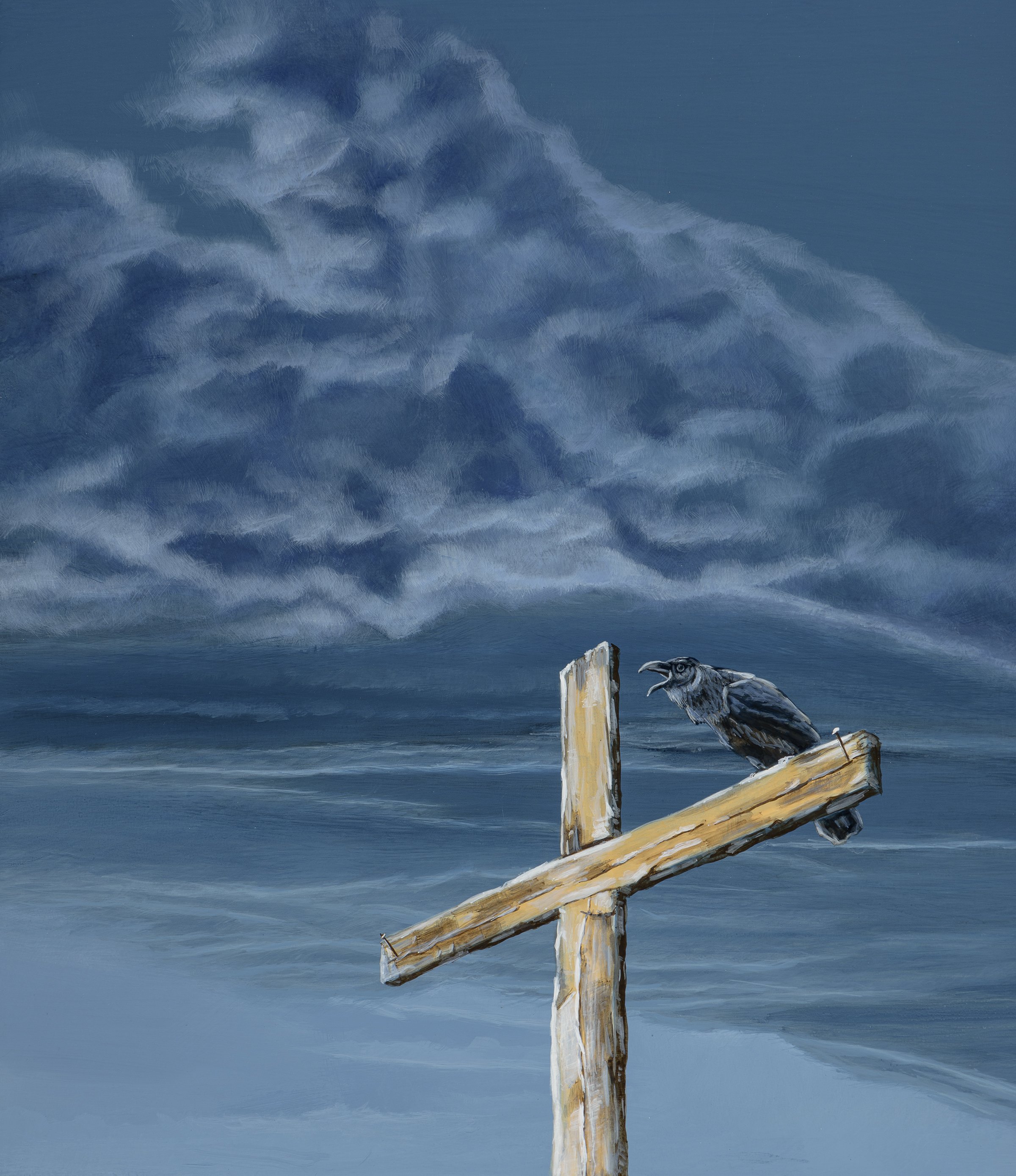 Painting of a crow perched on an old and precarious wooden cross. The clouds are dark and menacing in the background.