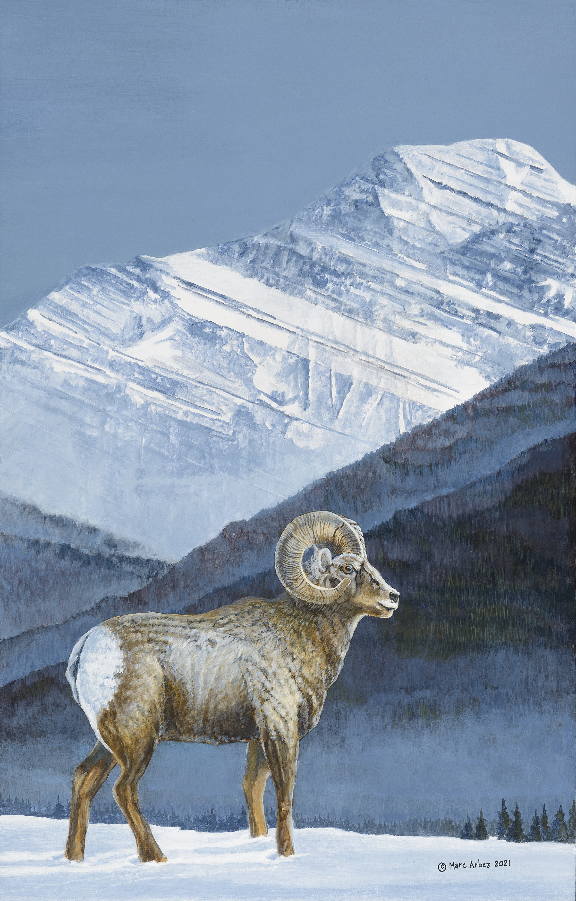 Big horn sheep in foreground with a mountain as a backdrop.