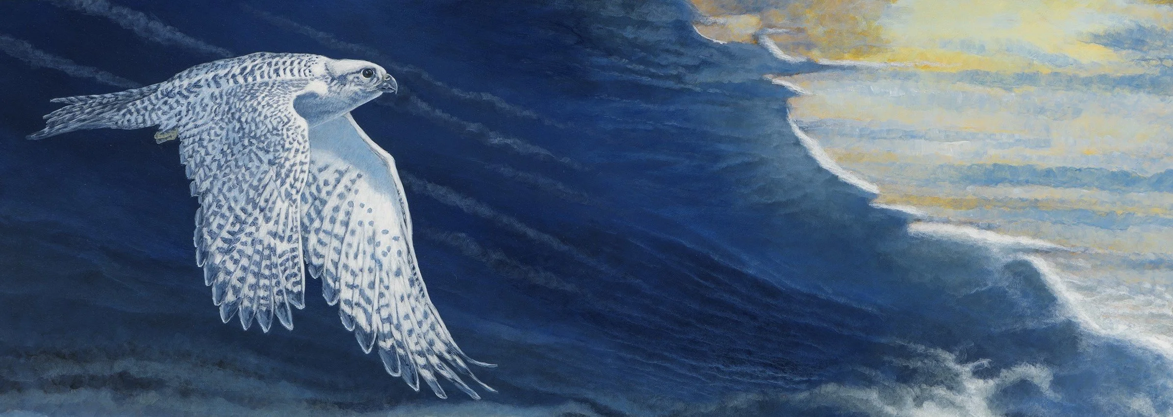 Painting of a gyrfalcon flying under a dark cloud