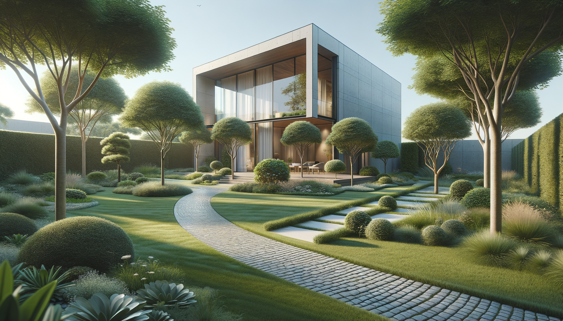 A modern two-story house with large glass windows, surrounded by a landscaped garden with curved stone pathway, neatly trimmed bushes, and tall trees, under a clear sky.