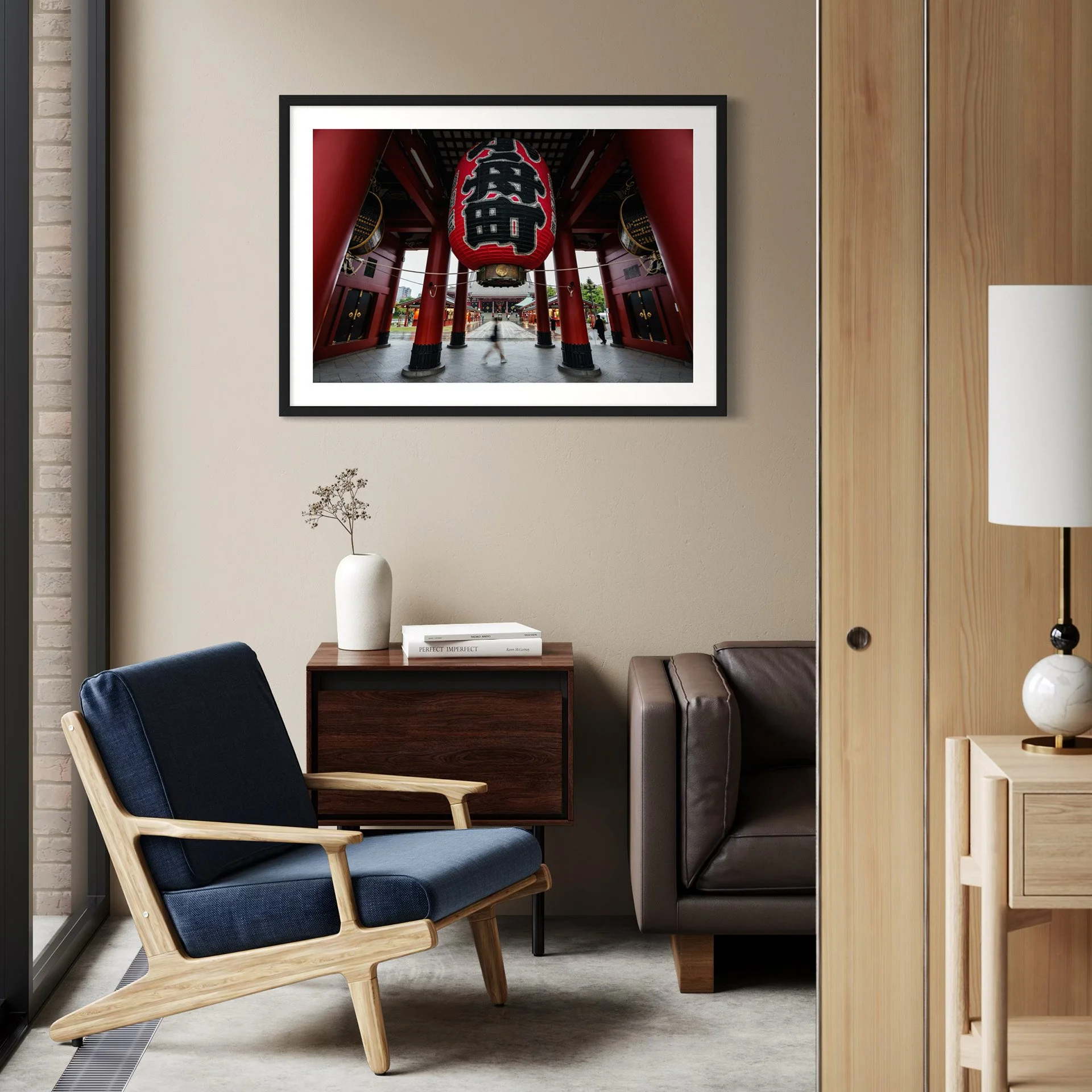 Framed Tokyo temple lantern wall art styled in a contemporary living room with timber furniture.