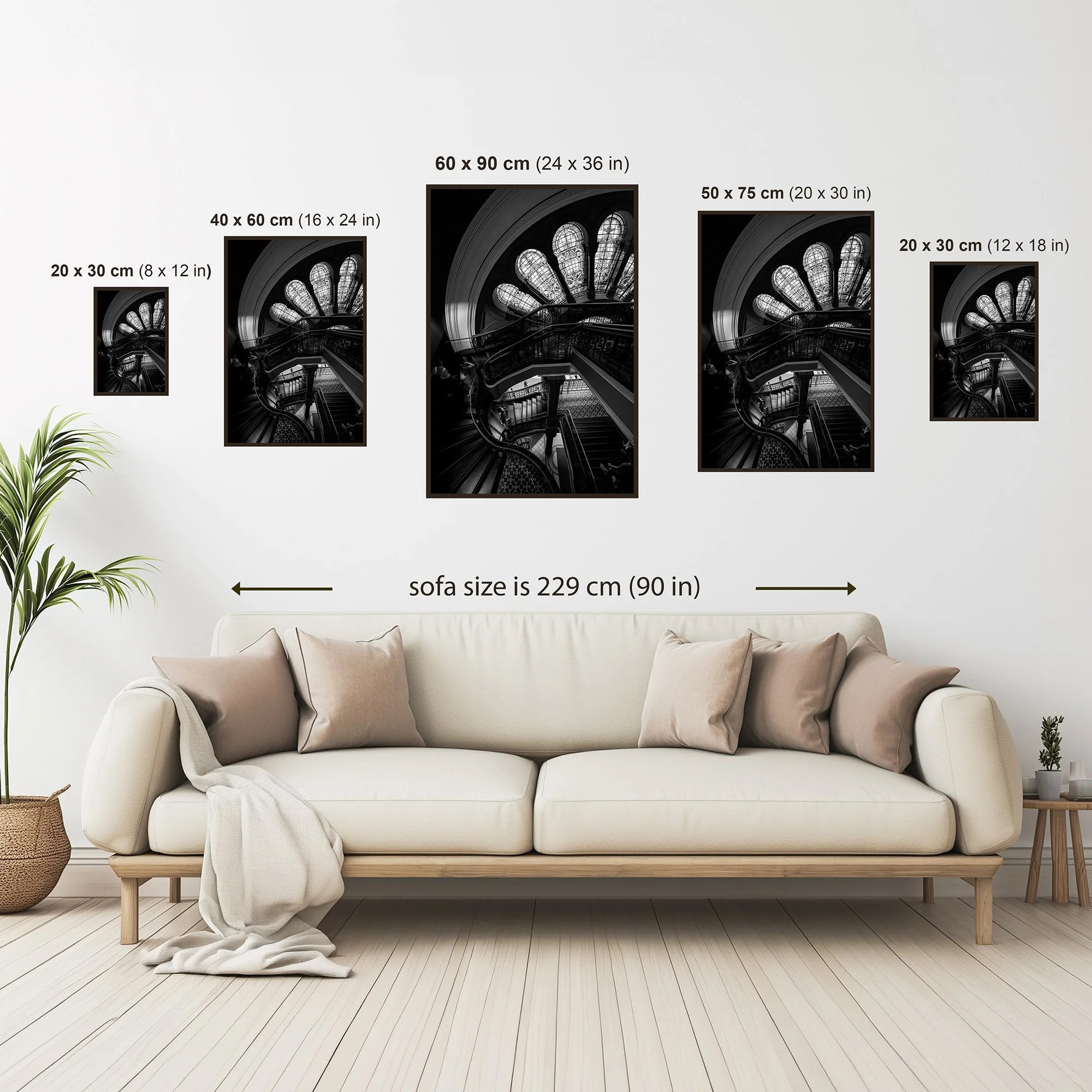 Wall art size guide showing available print dimensions for the Queen Victoria Building staircase fine art photograph.