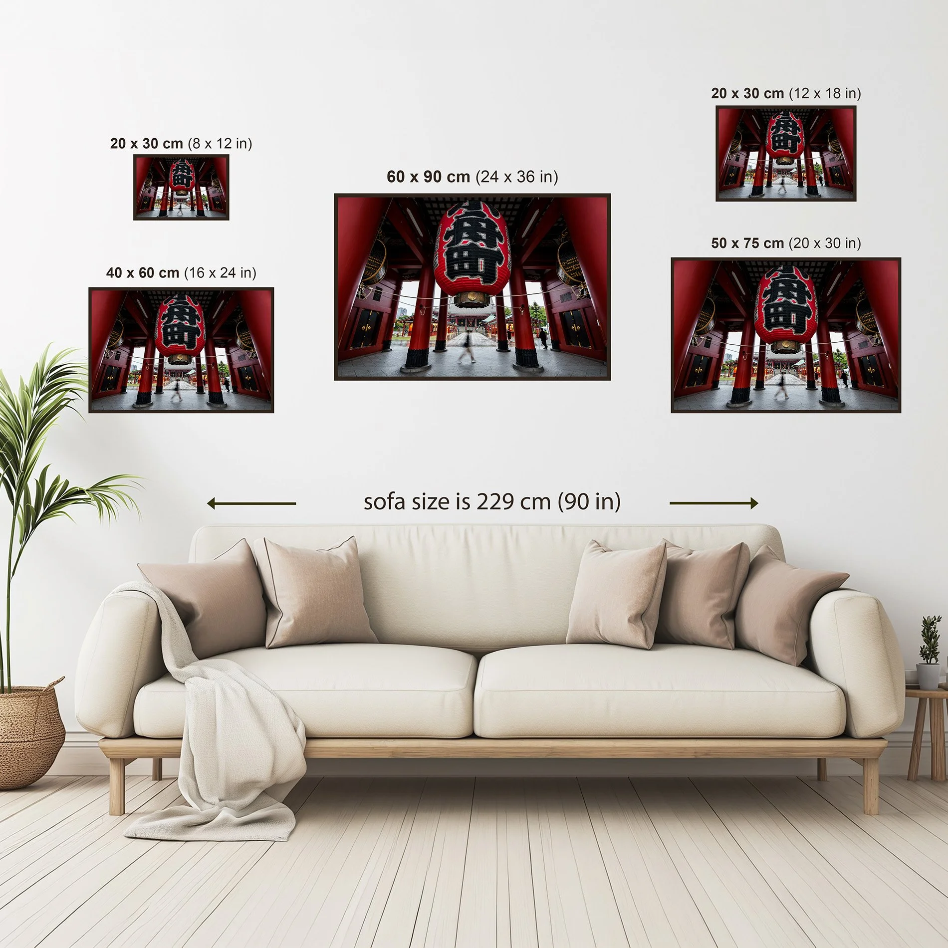 Size guide showing available dimensions for the Tokyo Sensō-ji Temple lantern fine art print above a sofa.