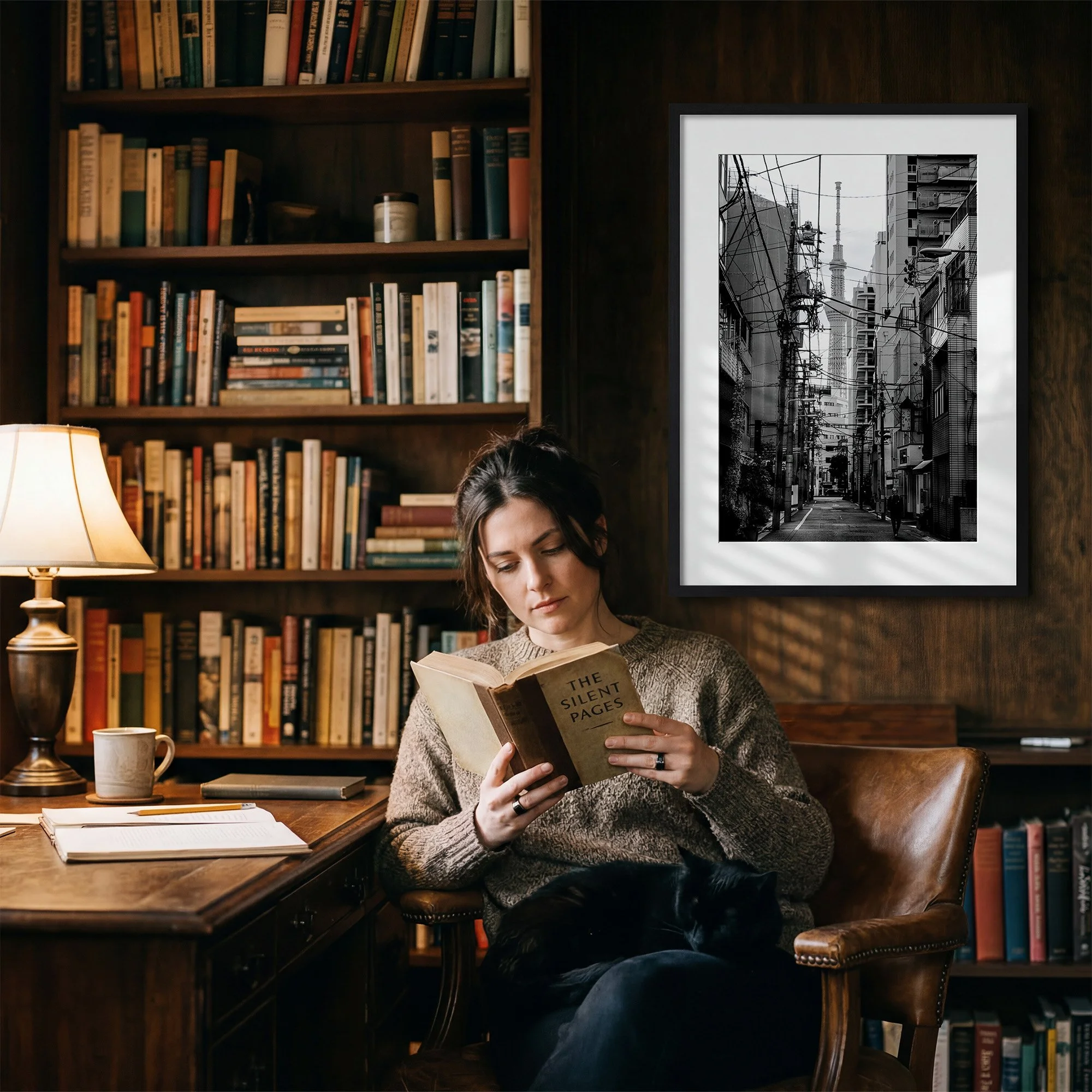 Black and white Tokyo Skytree photography print displayed in a black frame in a warm timber home library.