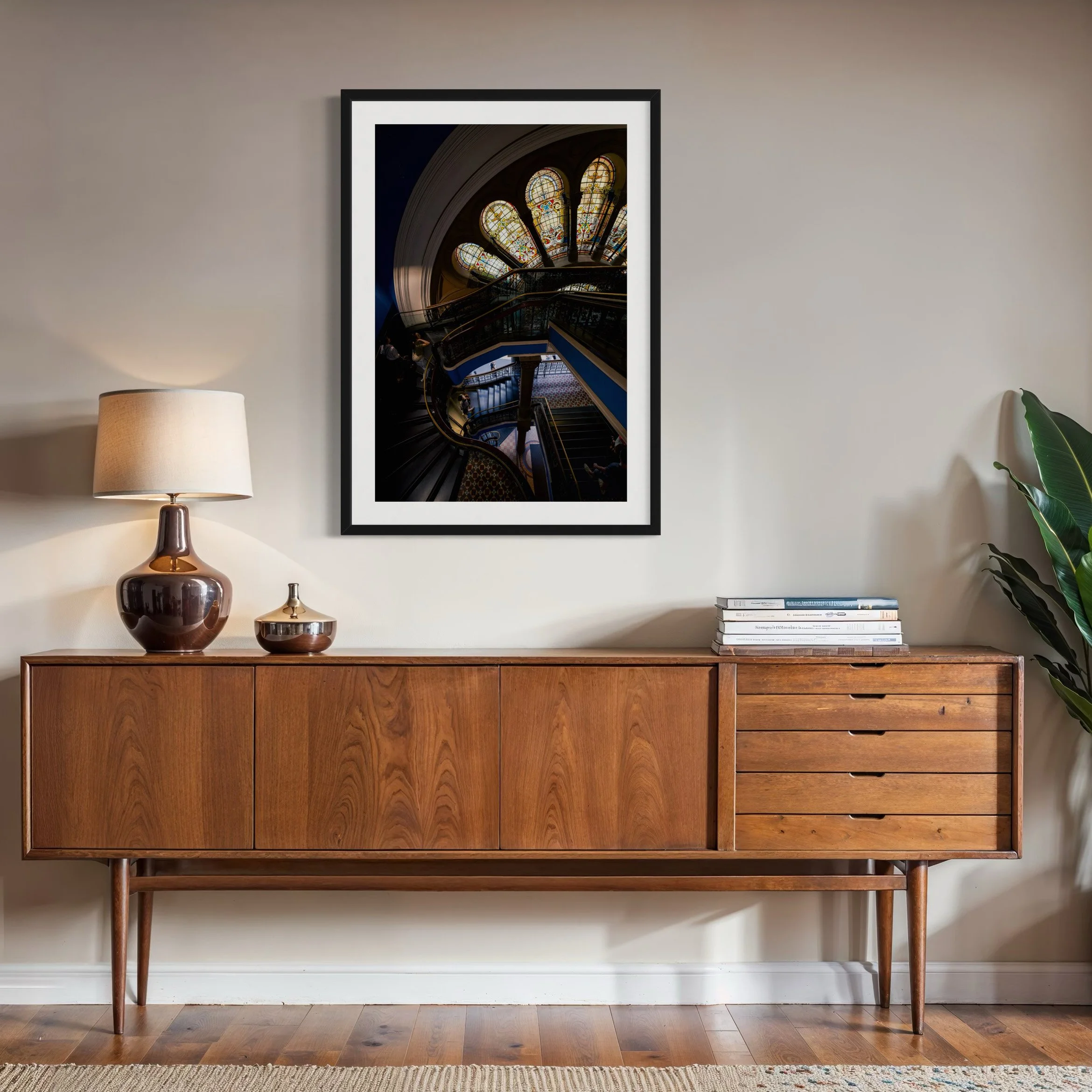 QVB Stained Light architecture photography print displayed above a mid-century timber sideboard in a contemporary interior.