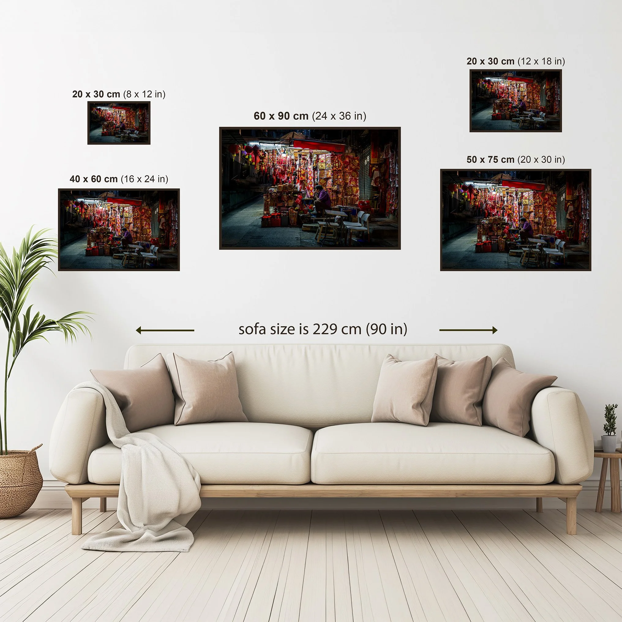 Hong Kong market stall fine art photo print size guide showing available print dimensions above a sofa for scale reference.