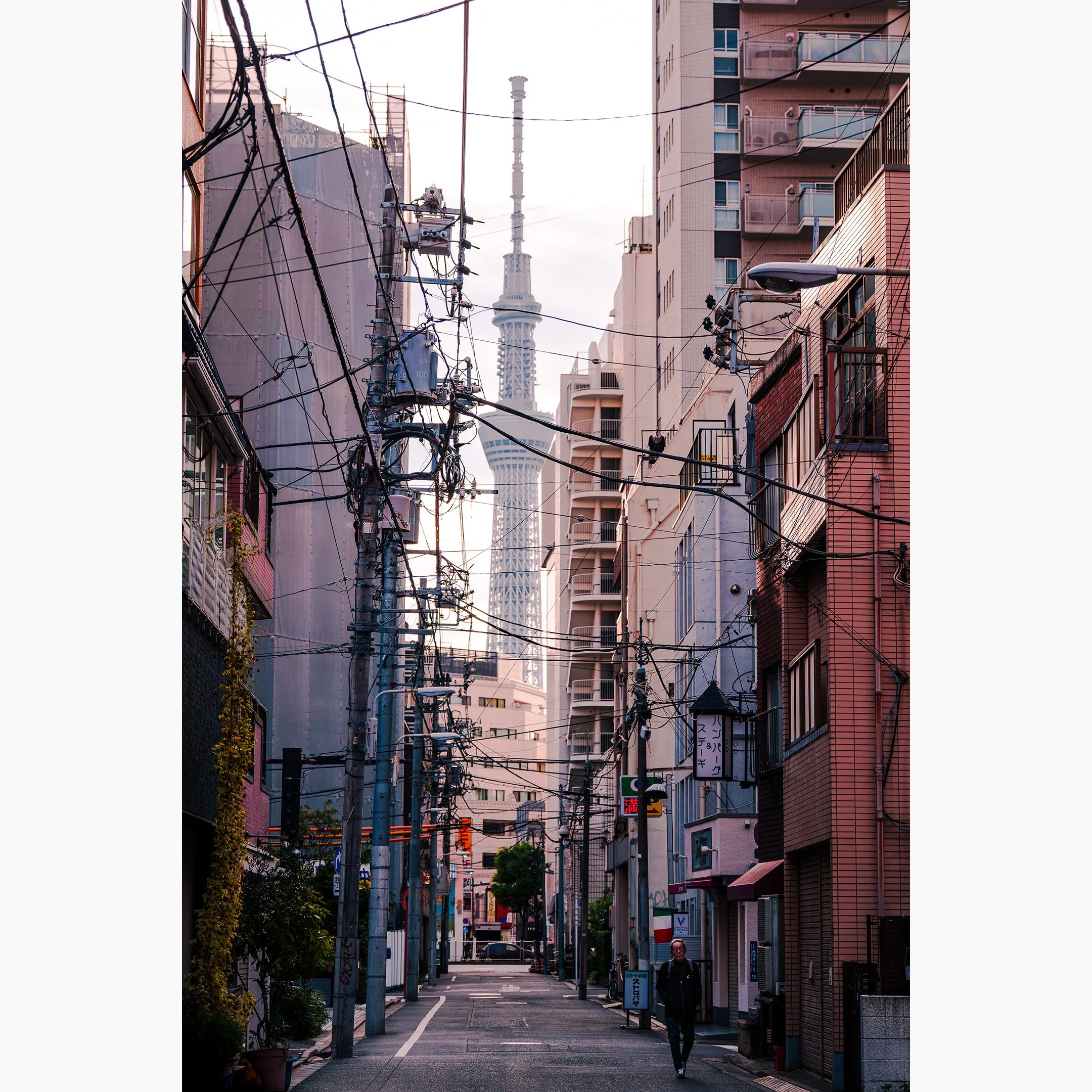 Tokyo alley photograph featuring dense utility wires, layered apartment buildings and the Tokyo Skytree rising in the background at dusk.