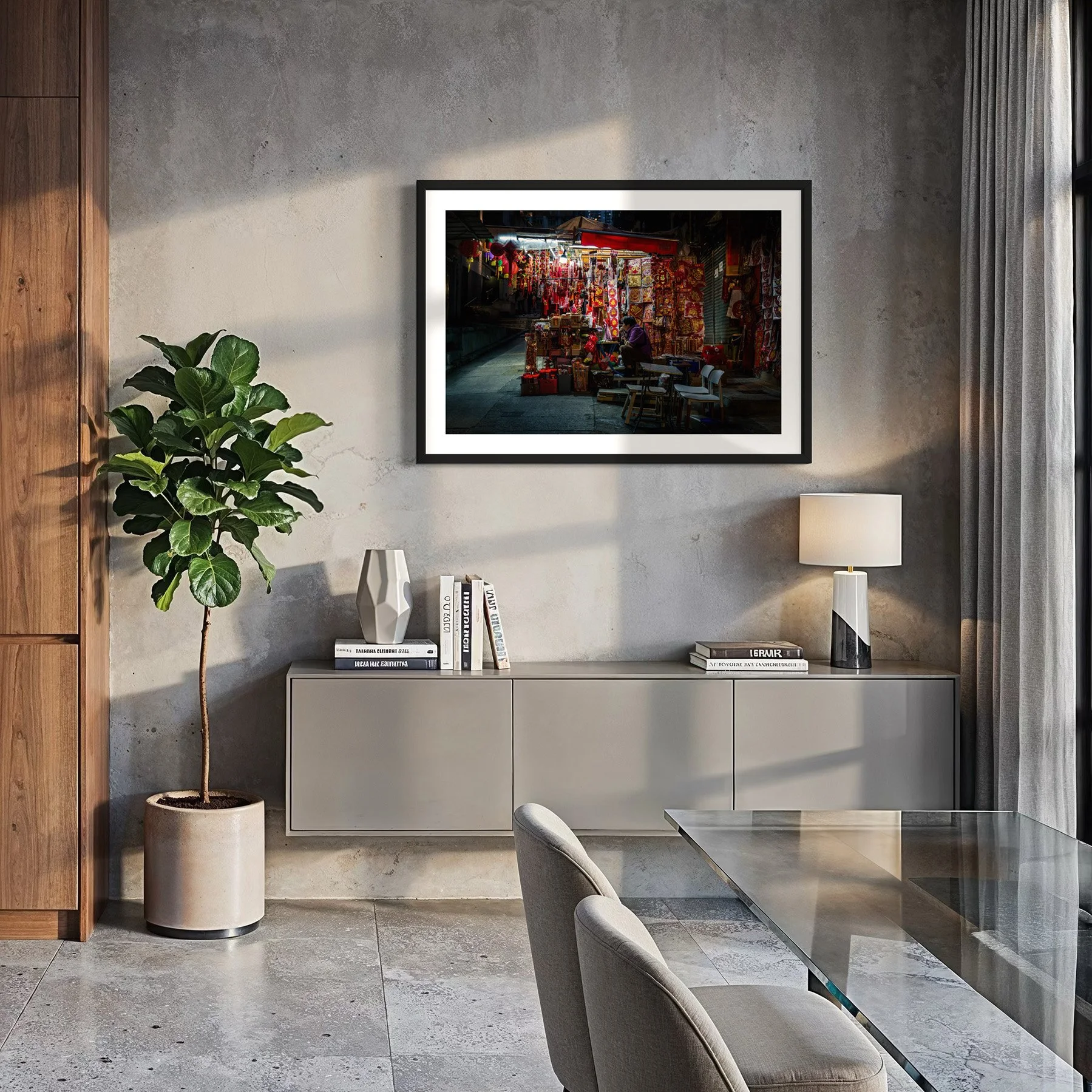 Hong Kong market stall fine art photo print displayed in a modern dining room with concrete walls, soft natural light and minimalist furniture.