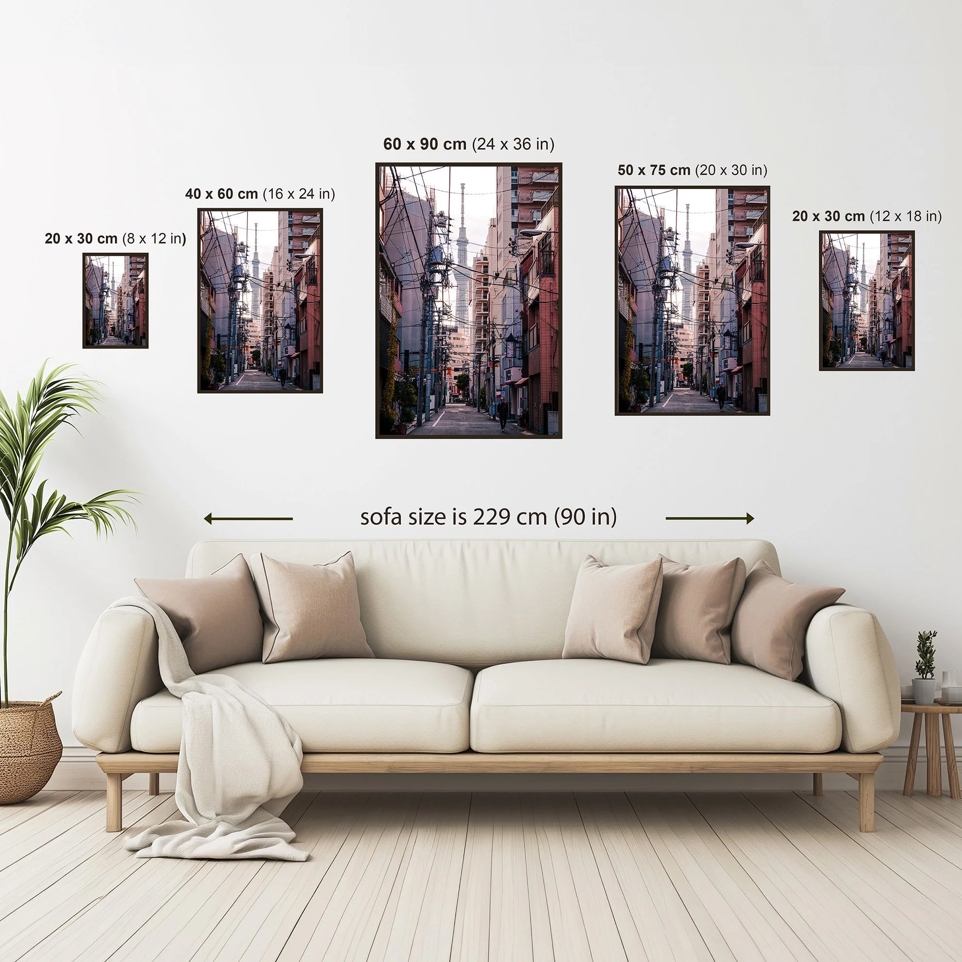 Size guide showing the Tokyo Skytree lane print displayed above a sofa, comparing all available print sizes from 20 × 30 cm (8 × 12 in) to 60 × 90 cm (24 × 36 in).