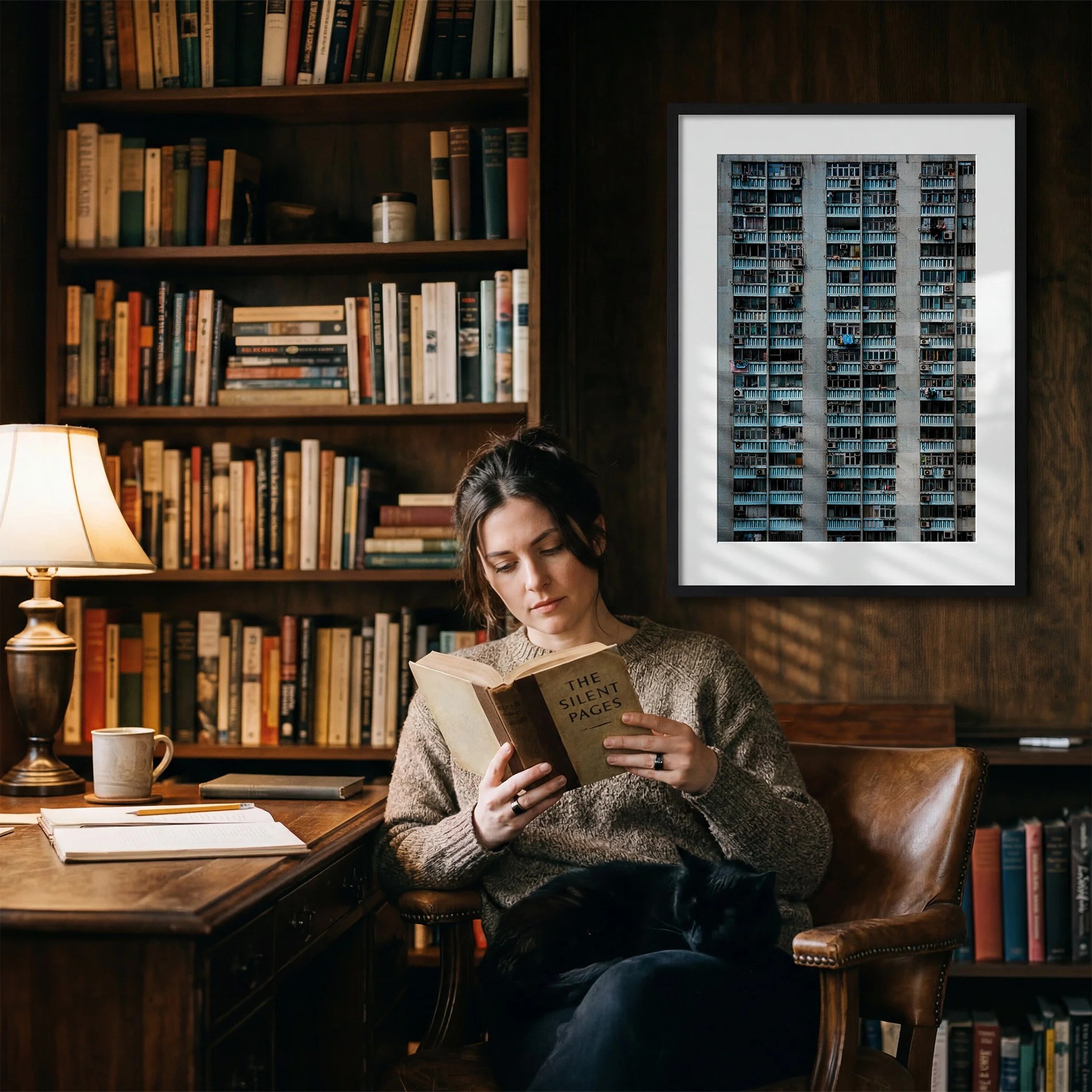 Hong Kong architecture photography print displayed in a black frame with white mat in a warm, timber-lined home library.