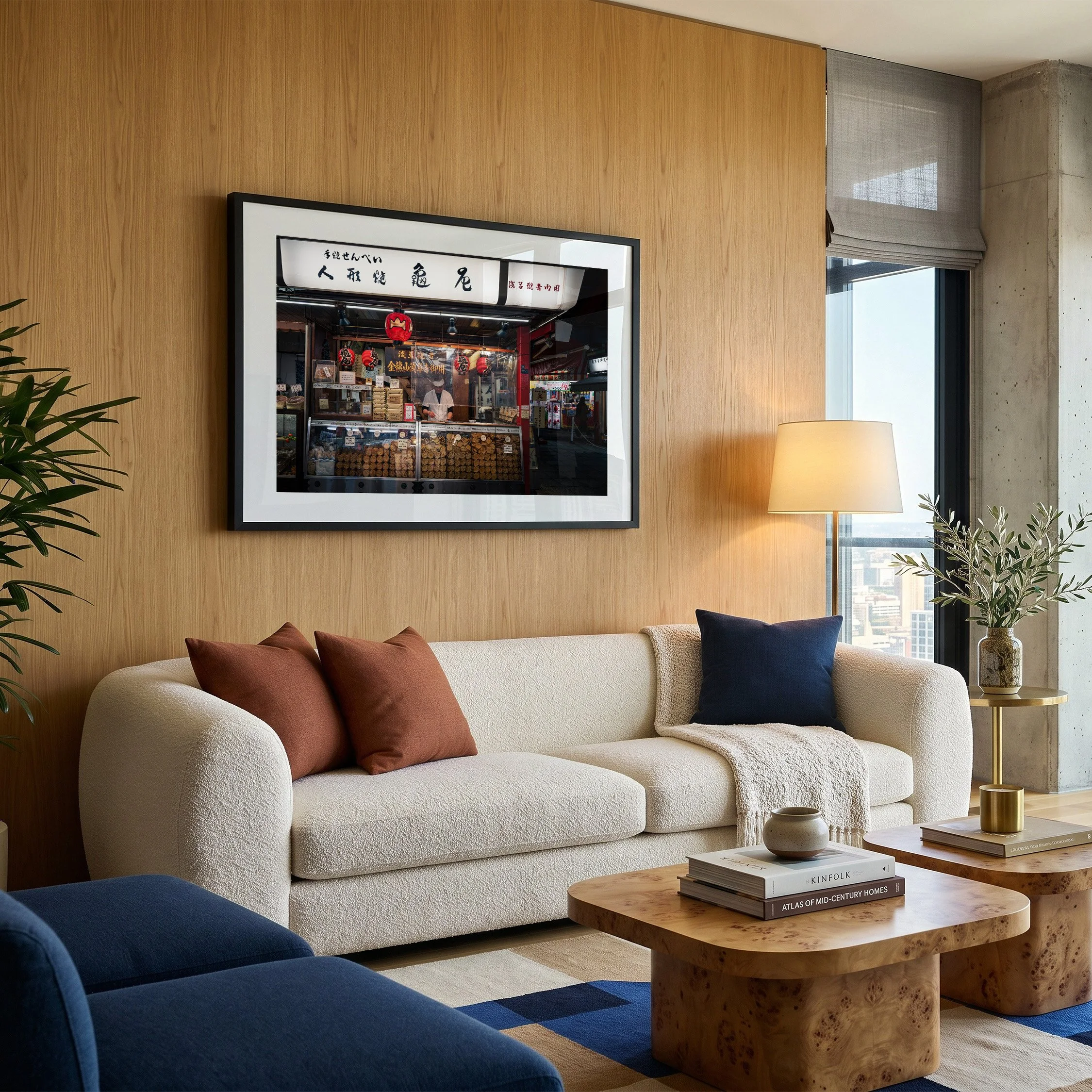 Tokyo street photography print of a traditional Japanese shop, displayed in a black frame with white mat above a cream sofa in a contemporary timber-panelled living room.