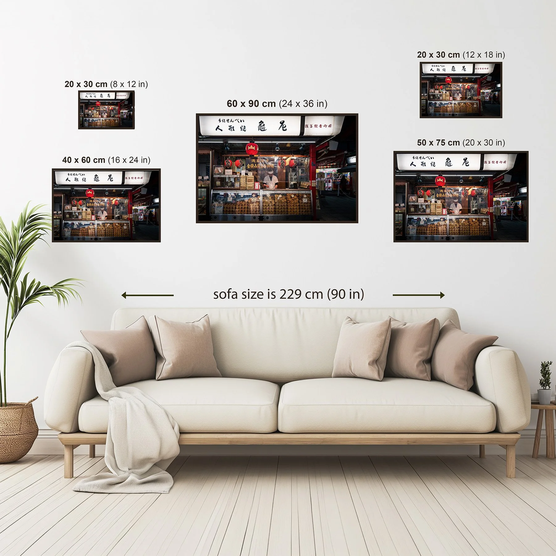 Print size guide showing available dimensions for the Asakusa cracker shop photographic print.