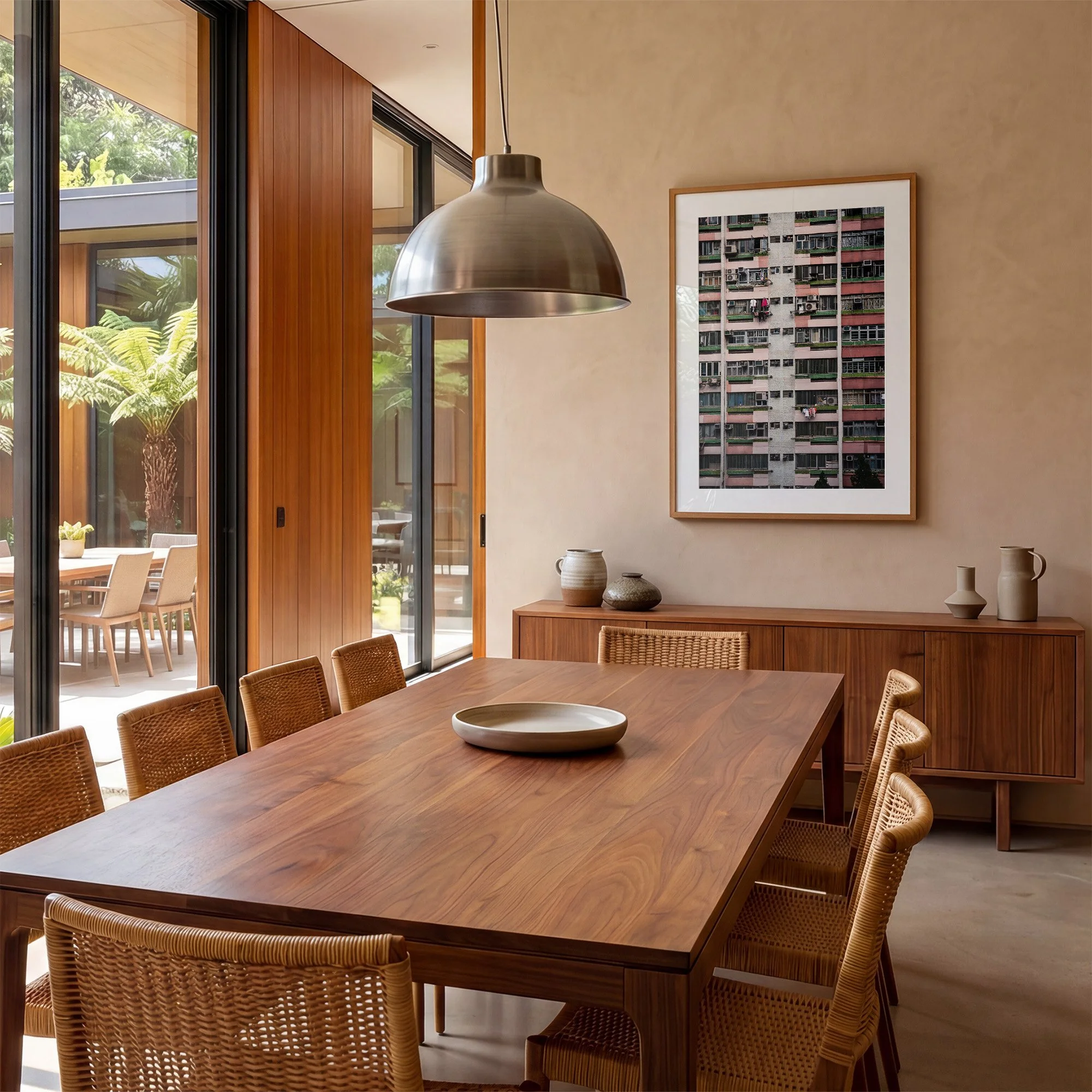 Hong Kong architecture photography print featuring a pink residential apartment façade, displayed in an oak frame in a warm timber dining room.