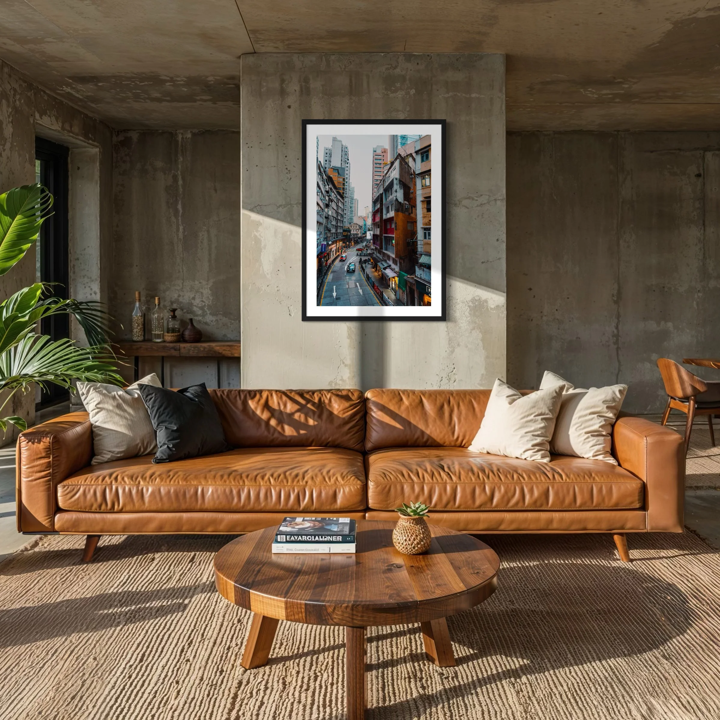 Large framed Hong Kong cityscape photography print displayed above a brown leather sofa in a modern industrial living room with concrete walls.