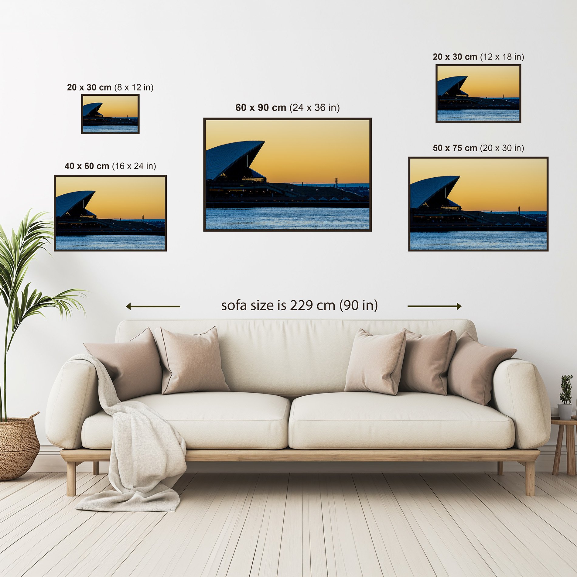 Size guide showing available dimensions for the Opera House Sunrise fine art photography print.
