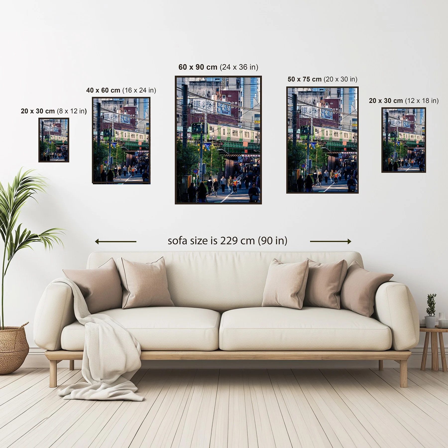 Tokyo photography print size guide showing available portrait print sizes from 20 × 30 cm to 60 × 90 cm.