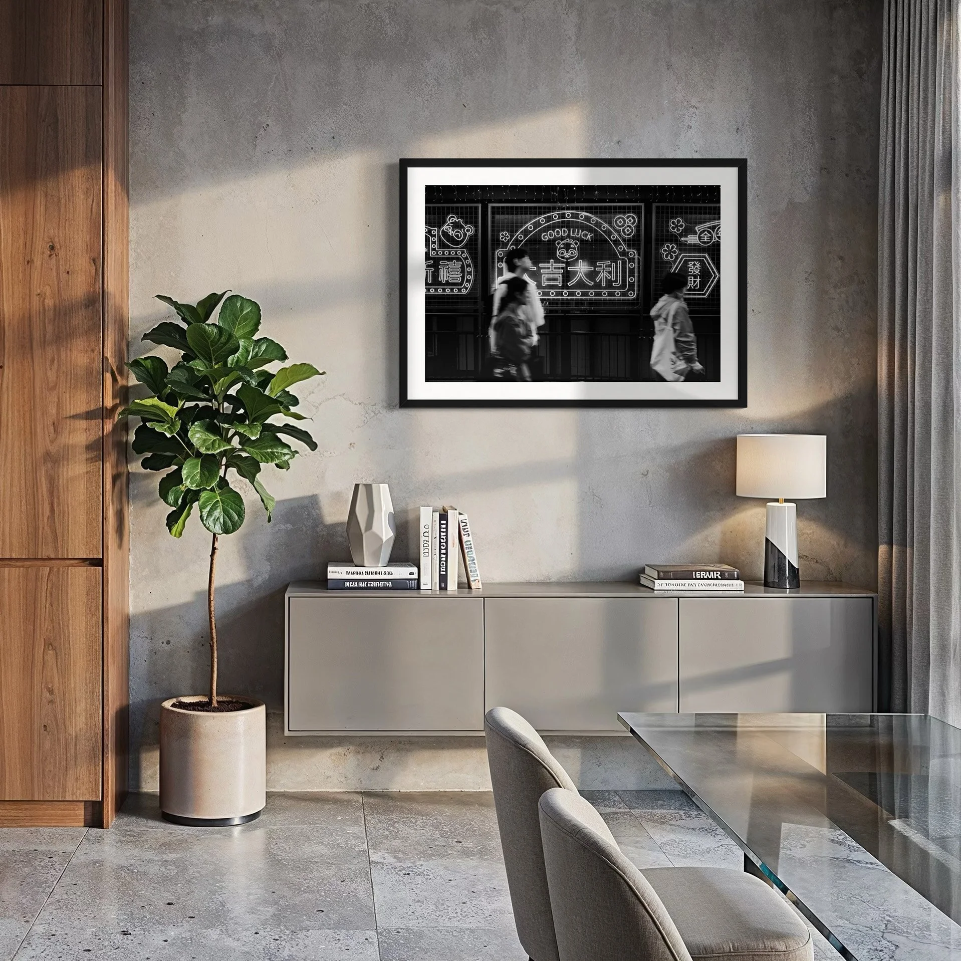 Black and white Hong Kong neon street photography print styled in a modern interior with concrete textures, natural light and contemporary furniture.