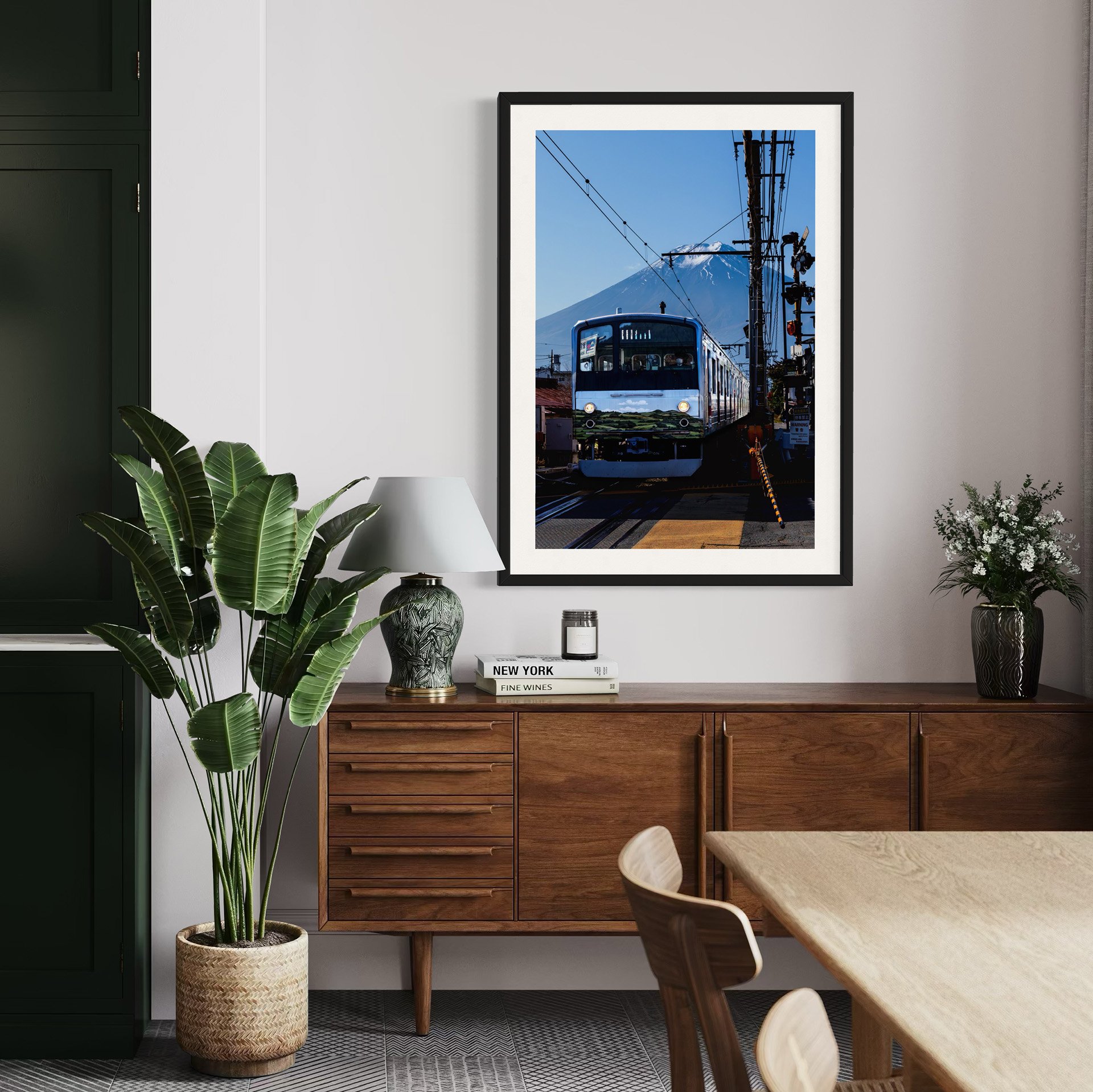 Mount Fuji train photographic print displayed in a modern dining room
