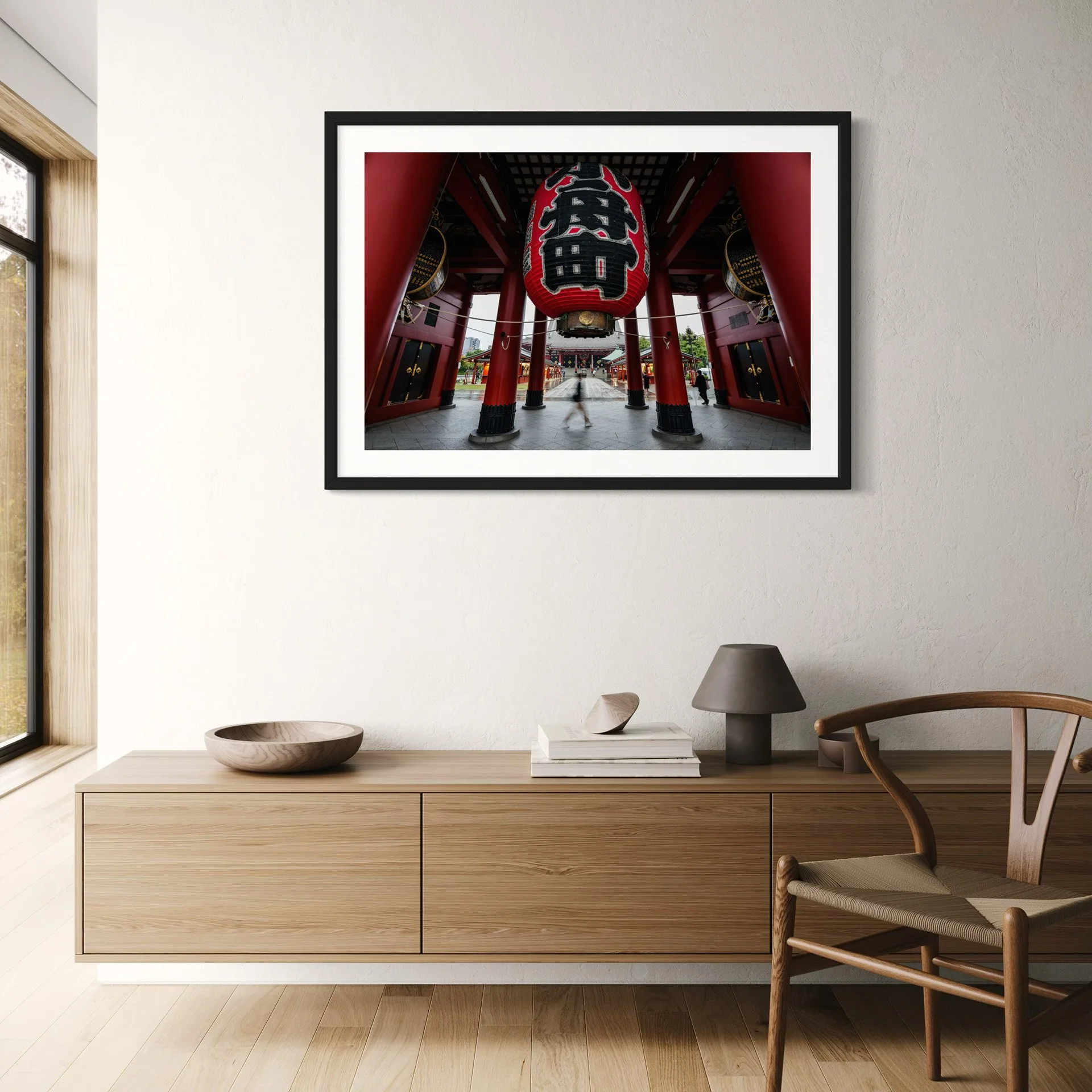 Tokyo Sensō-ji Temple lantern fine art print displayed above a floating timber sideboard.
