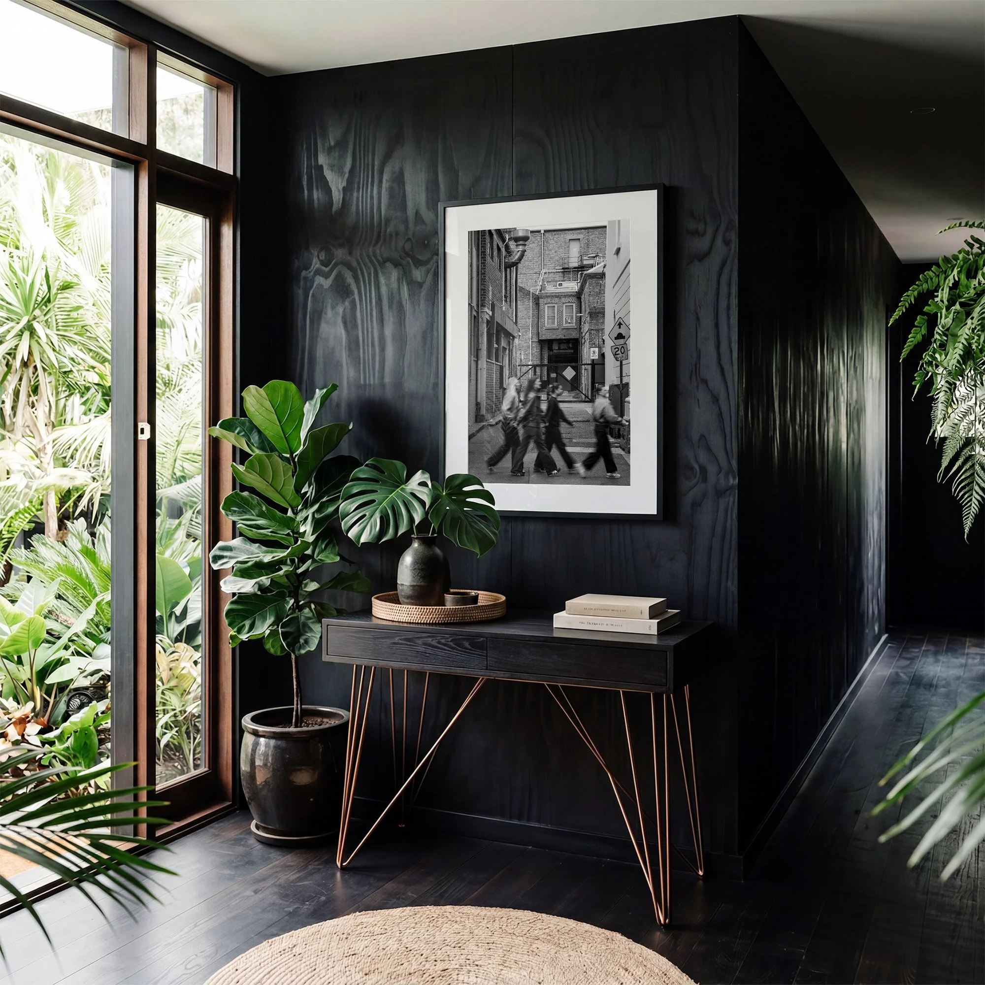 Black and white Melbourne street photography print displayed in a black frame with white mat against a dark timber wall in a contemporary interior.