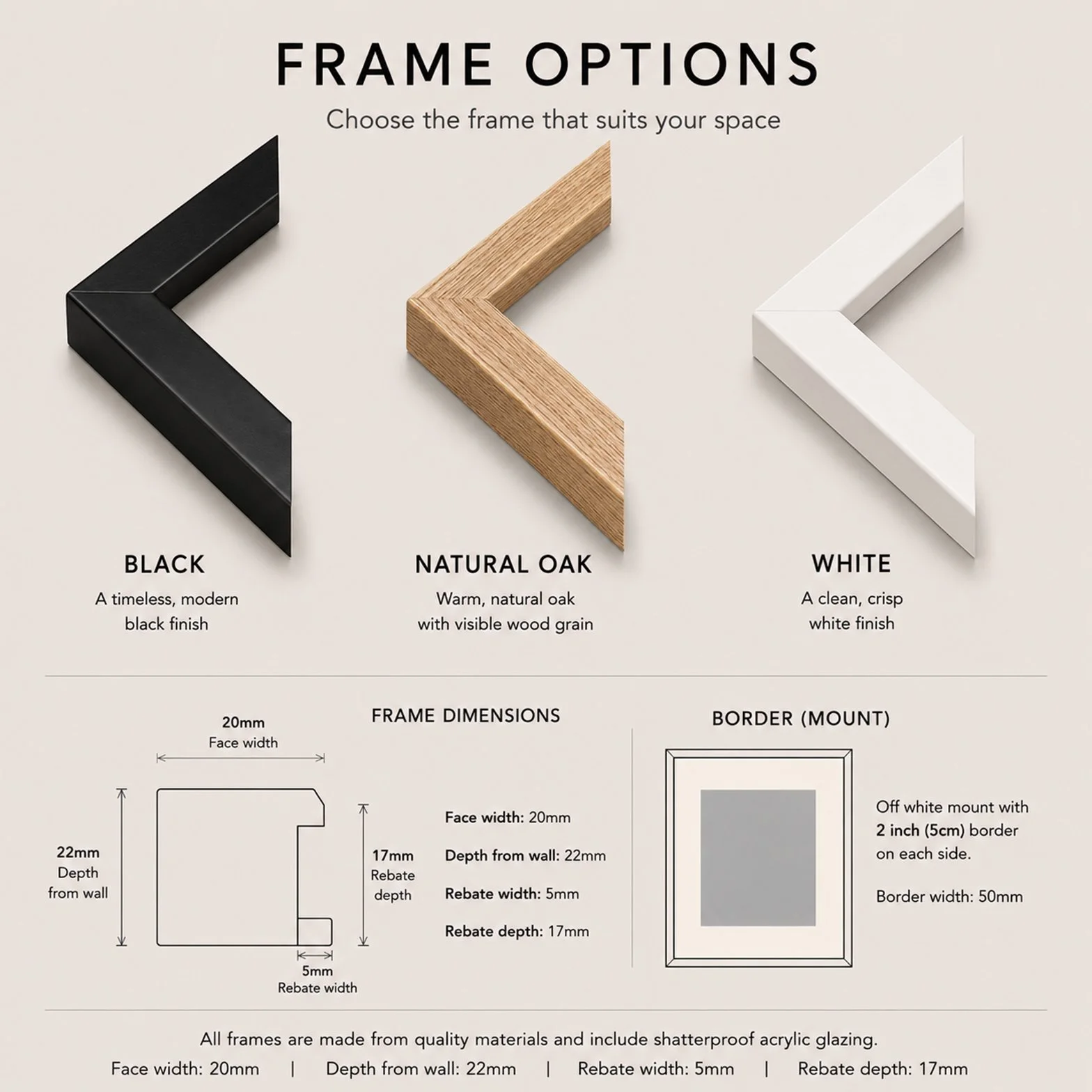 Frame options available for the Guangzhou architecture print in black, natural oak and white finishes.