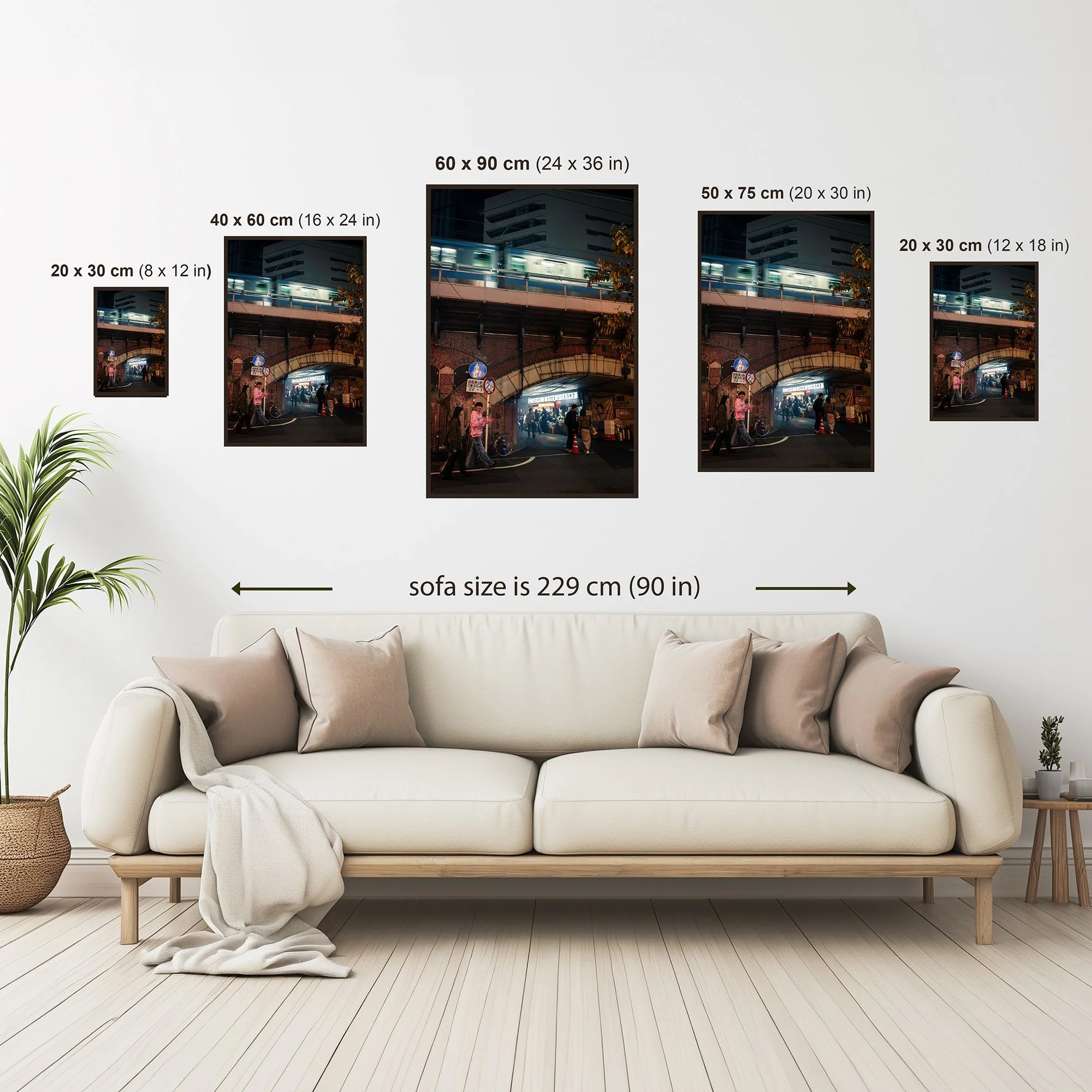 Print size guide showing available dimensions for the Izakaya Underpass Tokyo photographic print.