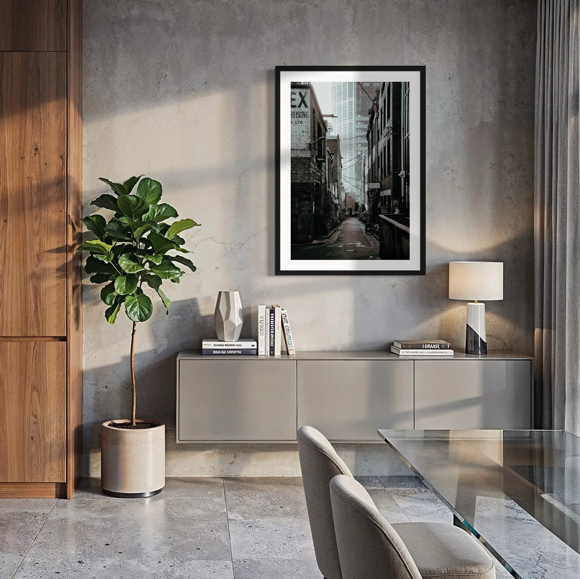 Black and white Melbourne laneway wall art styled in a modern concrete dining room with soft natural light and contemporary furniture.