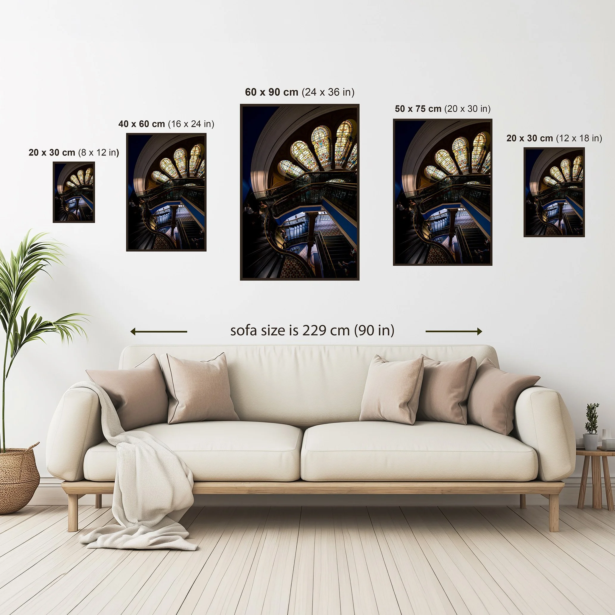 QVB Stained Light fine art print size comparison showing available print dimensions above a sofa for scale reference.