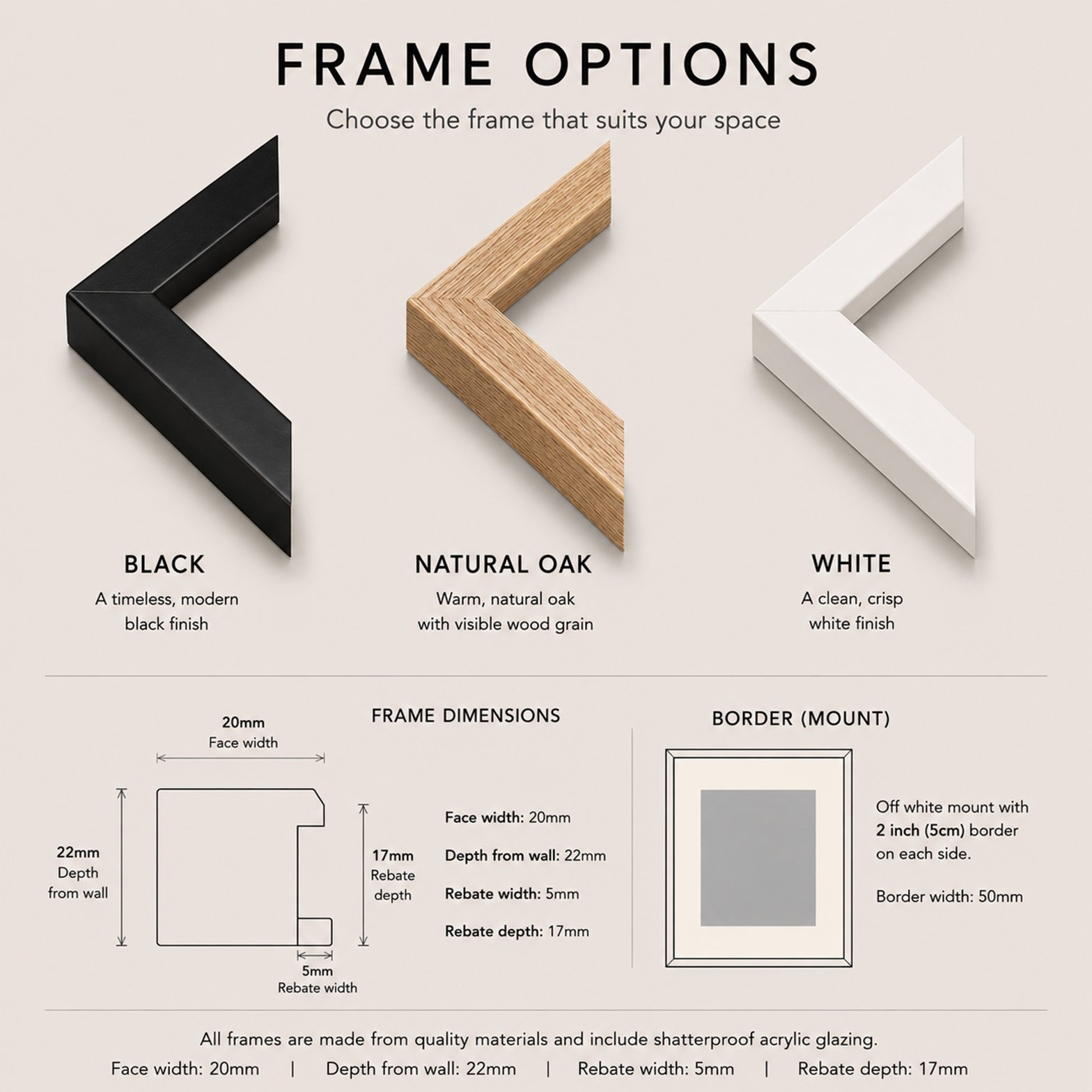 Frame options for the architectural fine art print, available in black, natural oak and white finishes.