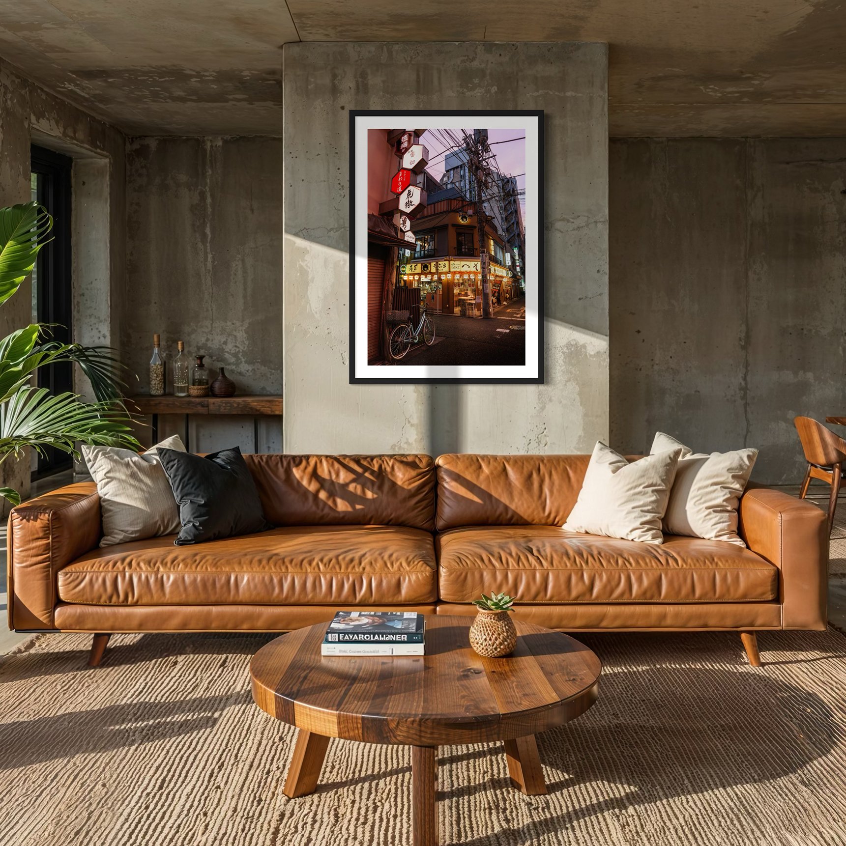 Framed Tokyo street photography print displayed above a brown leather couch in a modern concrete living room interior.