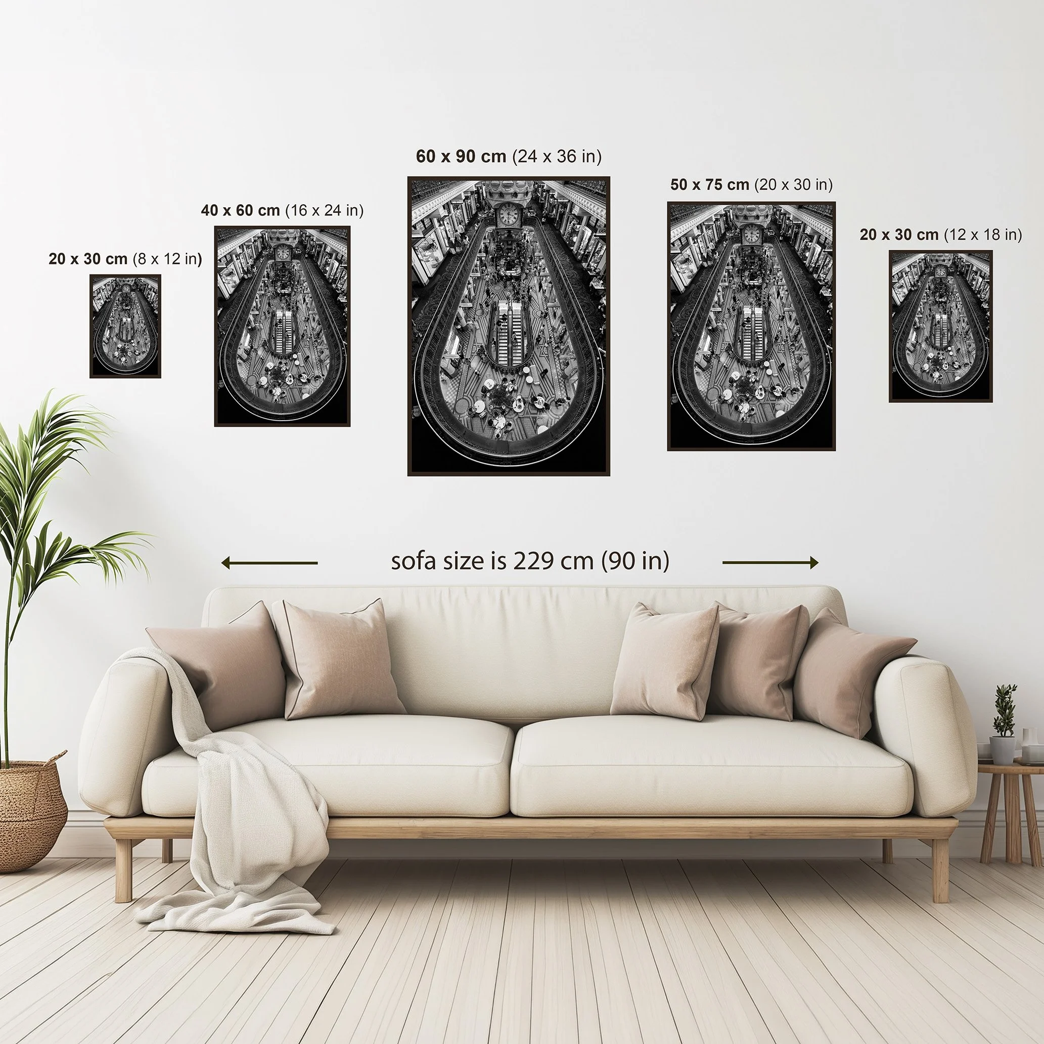 Size comparison guide showing QVB Arcade Below photography print in multiple dimensions above a sofa for scale reference.