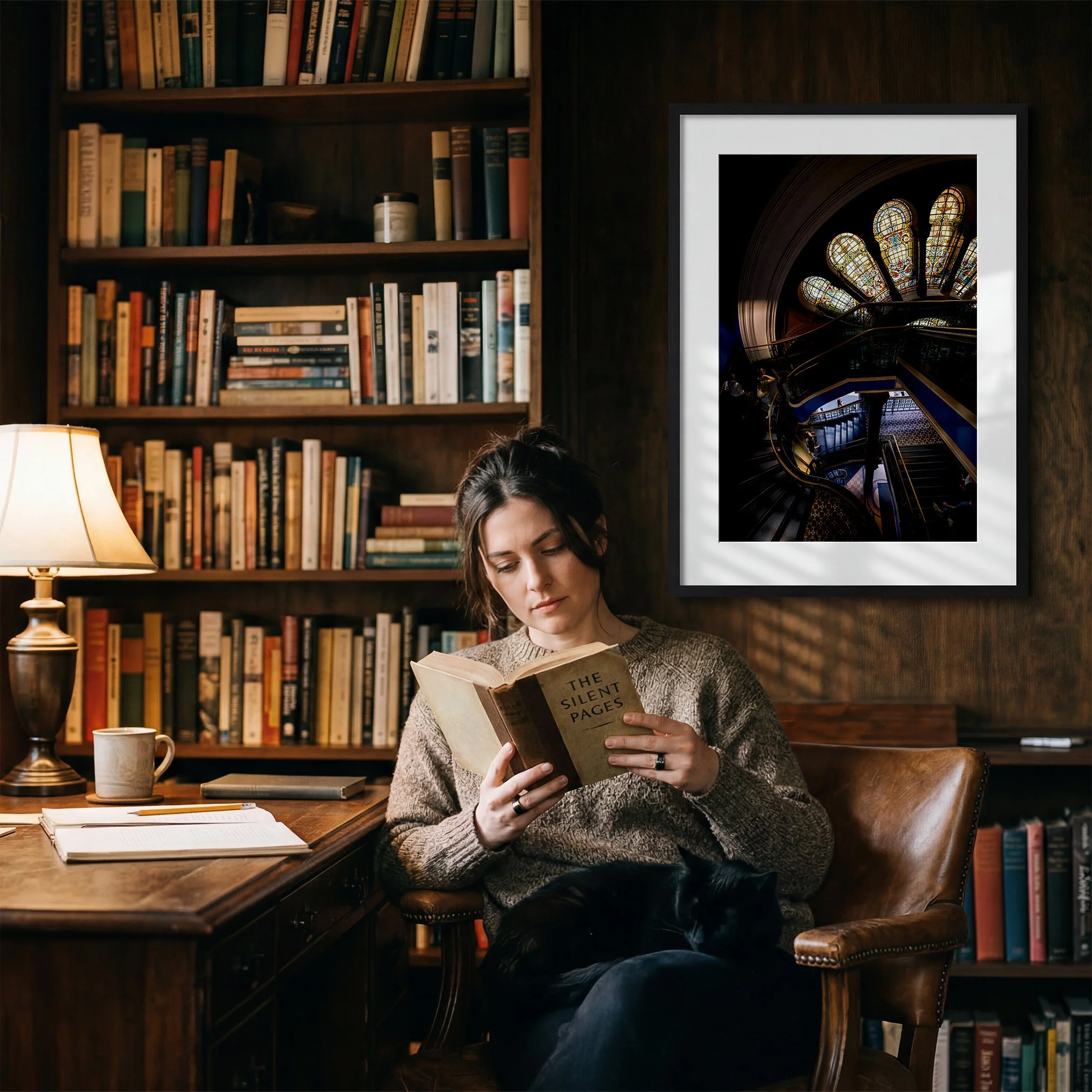 Queen Victoria Building architecture photography print displayed in a black frame with white mat in a warm timber home library.