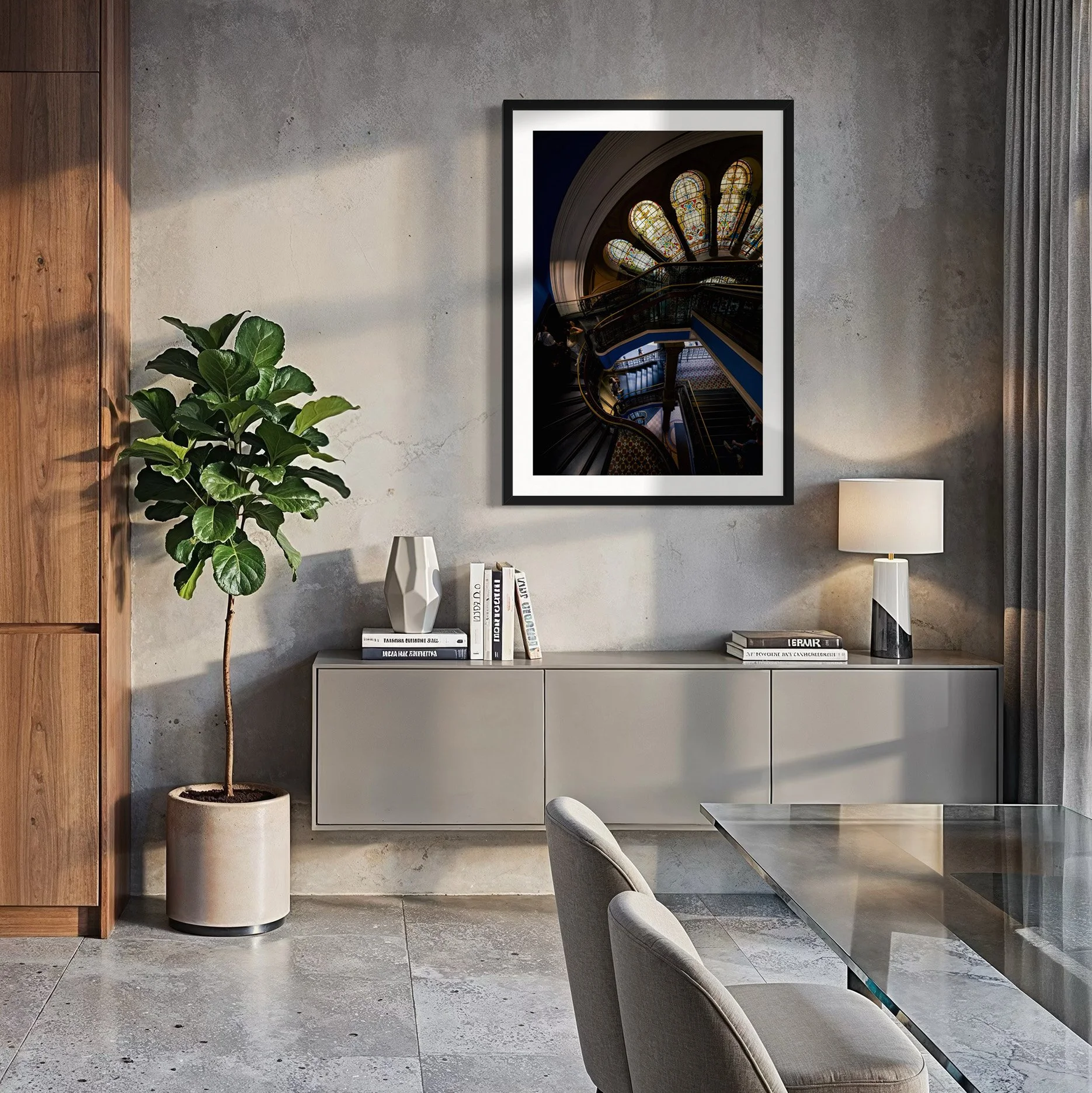 Sydney QVB interior photography print displayed in a modern dining space with concrete walls and warm afternoon light.